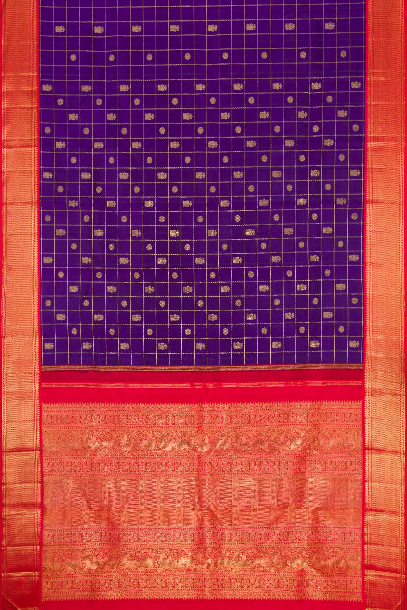 Flat view of Pure Silk Pure Zari Violet Dual Tone Kanjivaram Saree with Checked design on the body and Zari Border. 