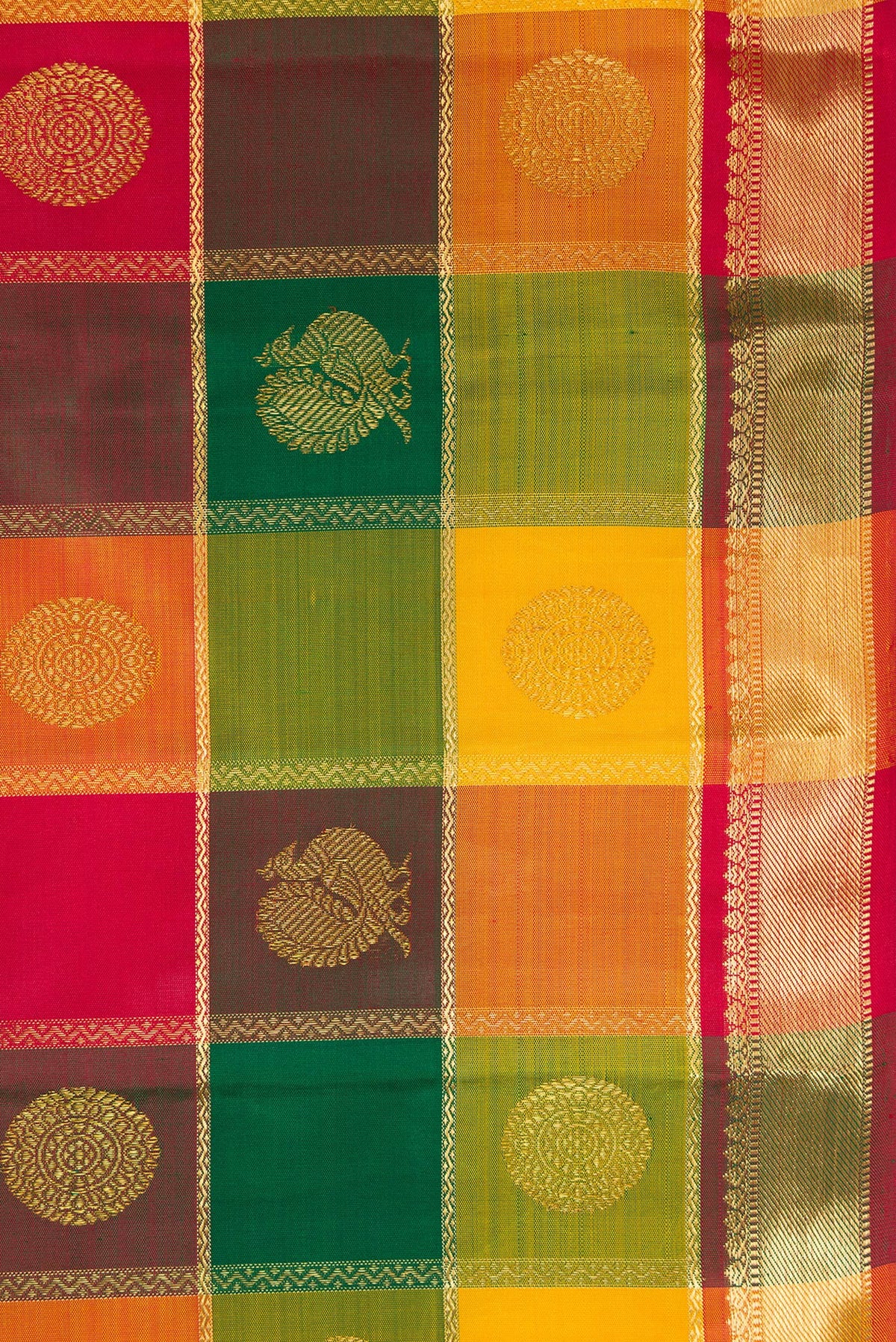 Border image of Pure Silk Pure Zari Yellow, Maroon and Green Color Kanjivaram Saree with Checked design on the body and Zari Border. 