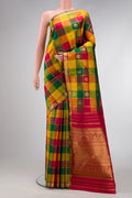 Pure Silk Pure Zari Yellow, Maroon and Green Color Kanjivaram Saree with Checked design on the body and Zari Border.  displayed on a mannequin