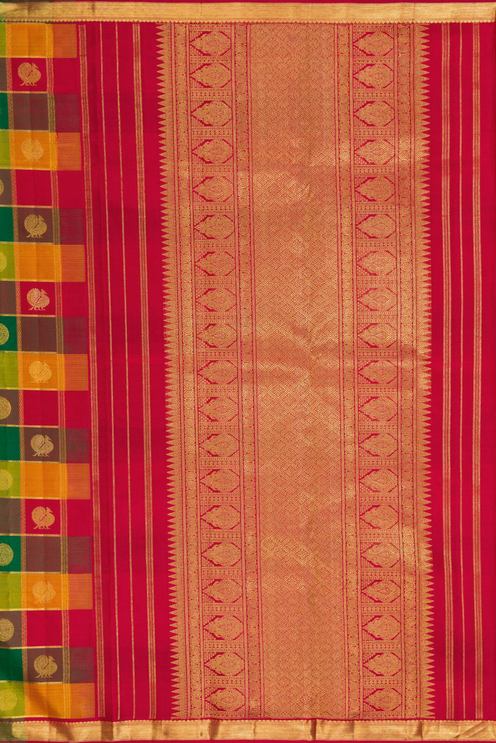 Close up image of the pallu of Pure Silk Pure Zari Yellow, Maroon and Green Color Kanjivaram Saree with Checked design on the body and Zari Border. 