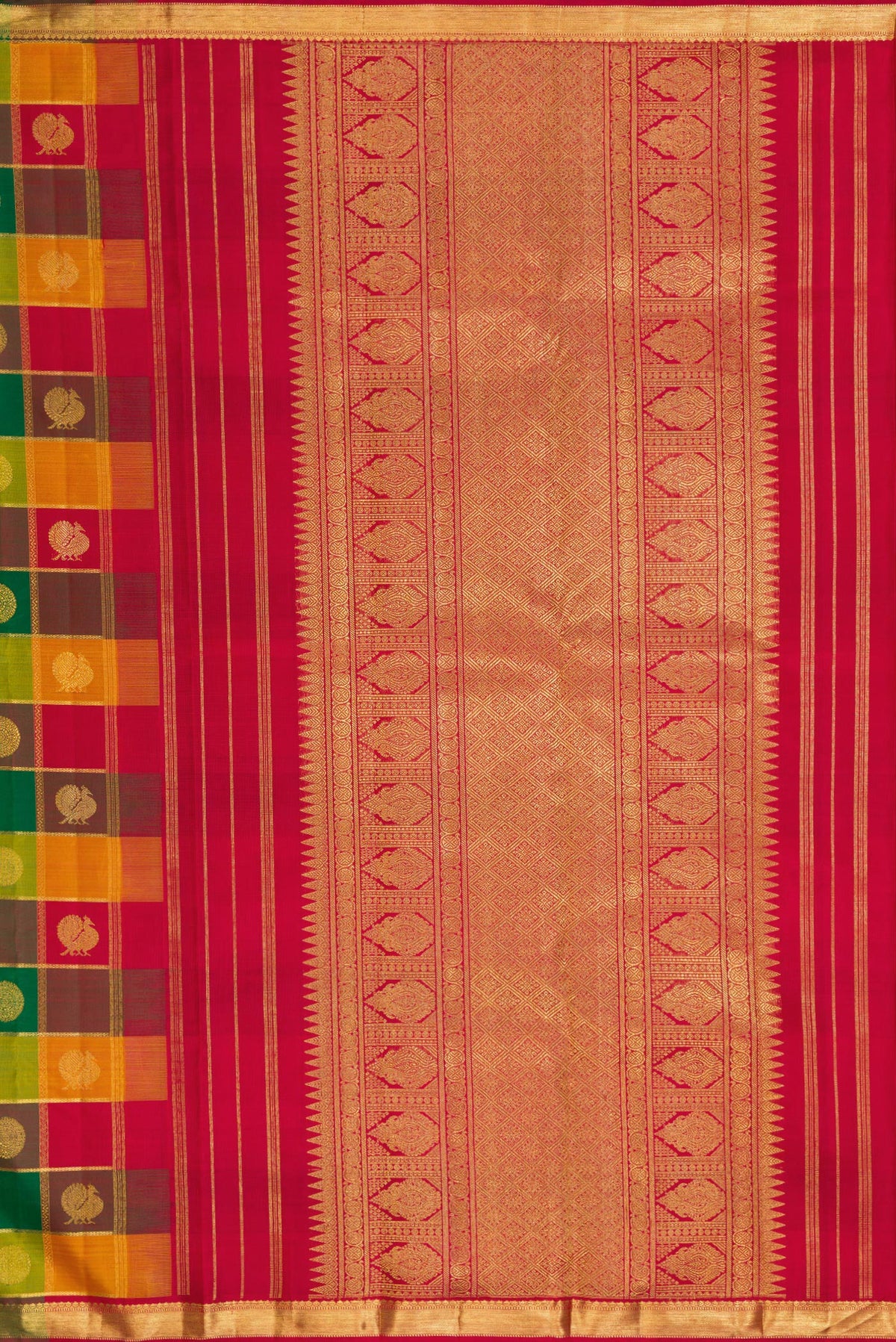 Close up image of the pallu of Pure Silk Pure Zari Yellow, Maroon and Green Color Kanjivaram Saree with Checked design on the body and Zari Border. 