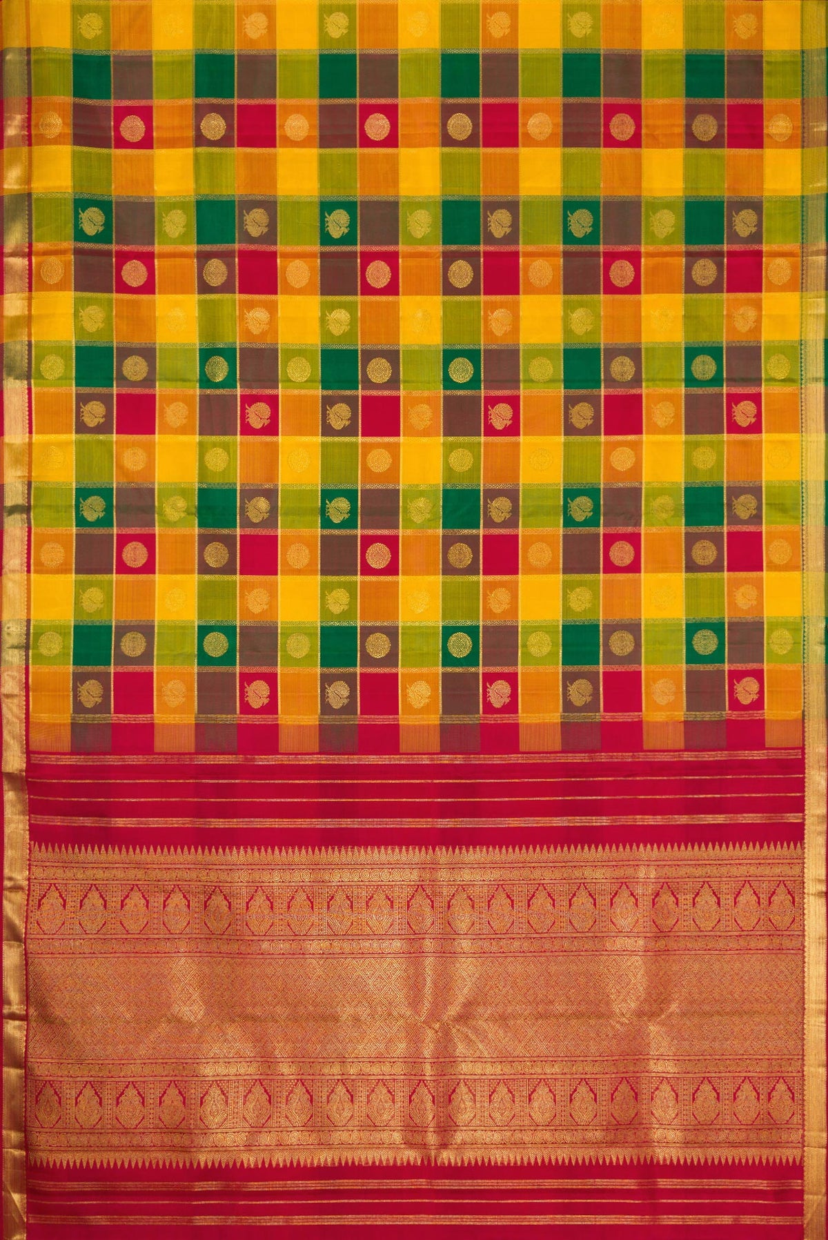 Flat view of Pure Silk Pure Zari Yellow, Maroon and Green Color Kanjivaram Saree with Checked design on the body and Zari Border. 