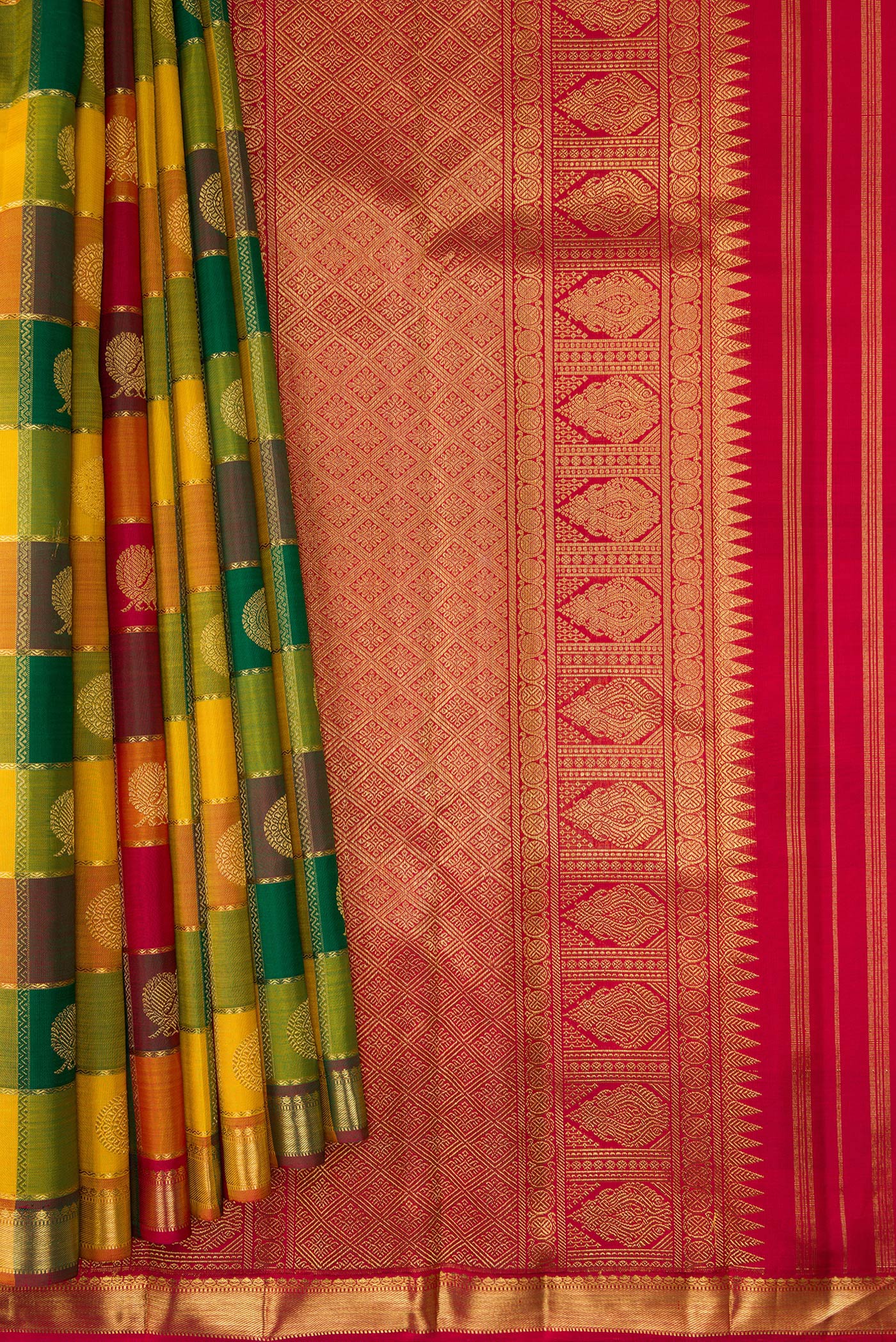 Pleats and pallu of Pure Silk Pure Zari Yellow, Maroon and Green Color Kanjivaram Saree with Checked design on the body and Zari Border. 