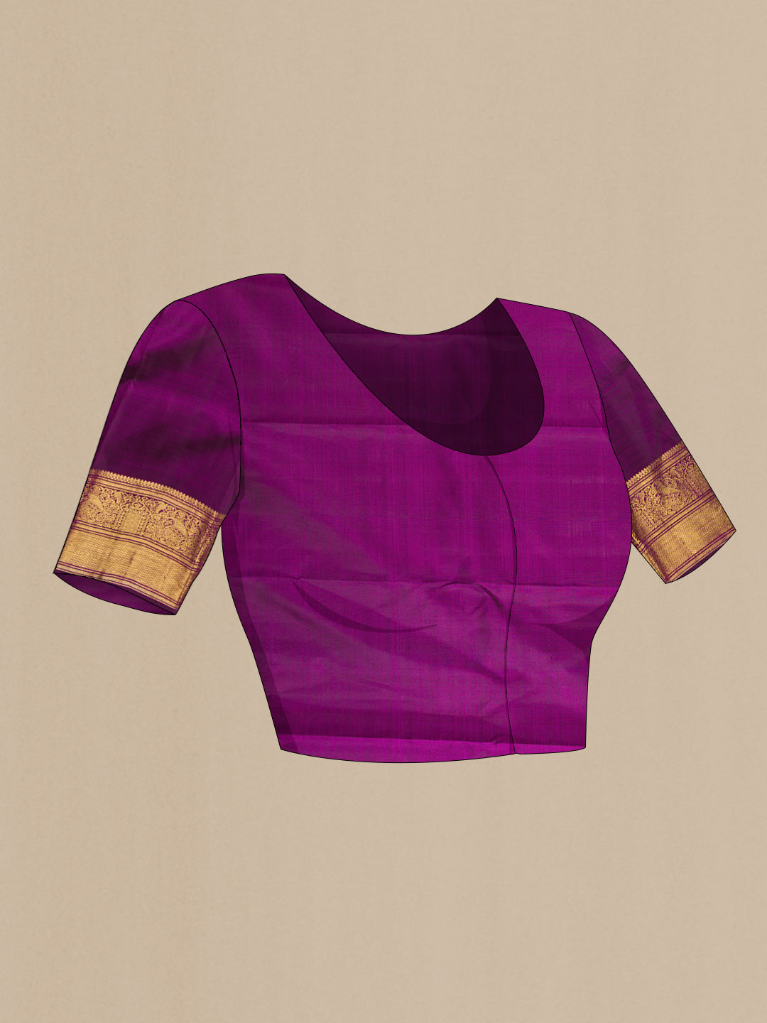 Close up image of the blouse of Pure Silk Pure Zari Purple Dual Tone Kanjivaram Saree with Zari Butta on the body and Zari Border. 