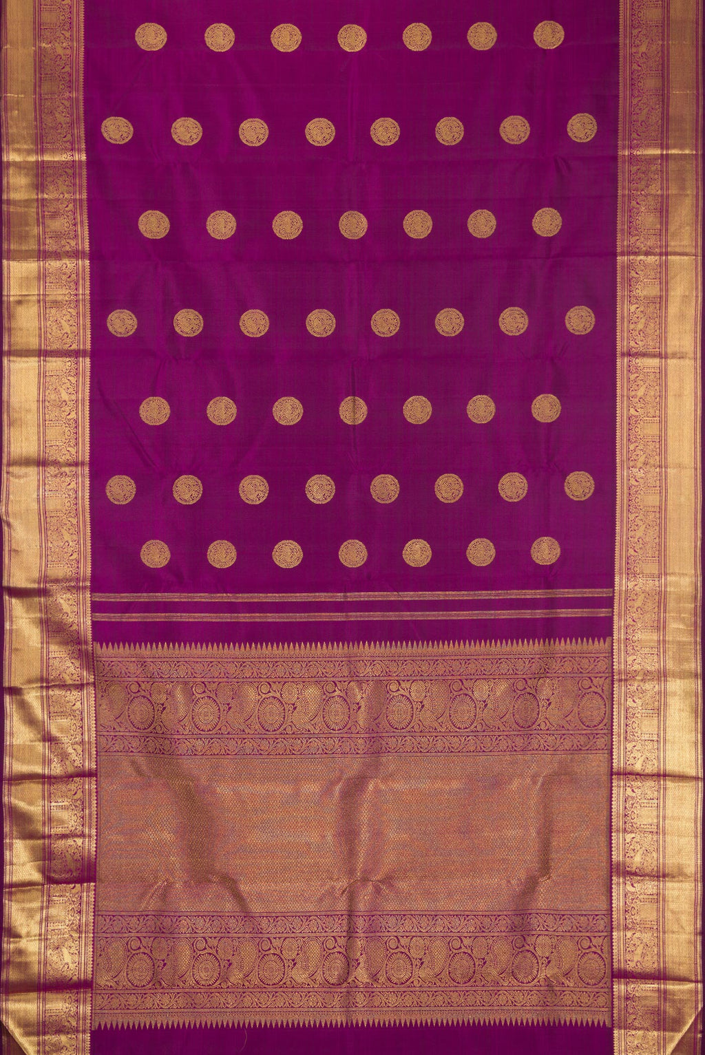 Flat view of Pure Silk Pure Zari Purple Dual Tone Kanjivaram Saree with Zari Butta on the body and Zari Border. 
