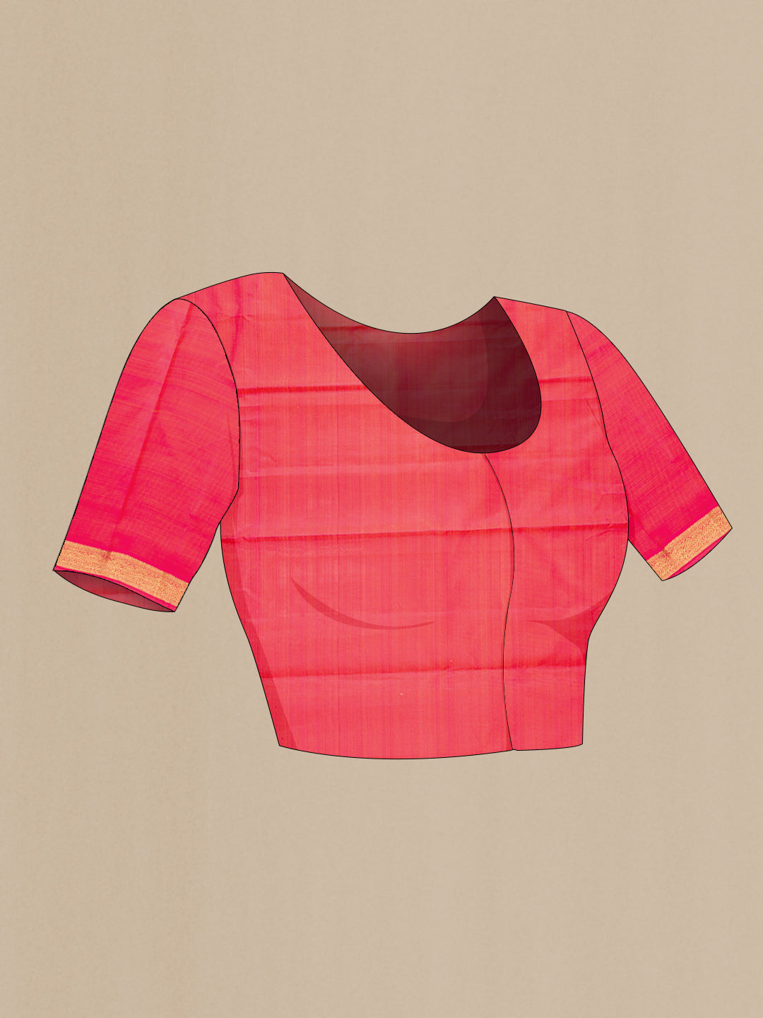 Close up image of the blouse of Pure Silk Pure Zari Coral Dual Tone Kanchipuram Saree with Zari Butta on the body and Zari Border. 