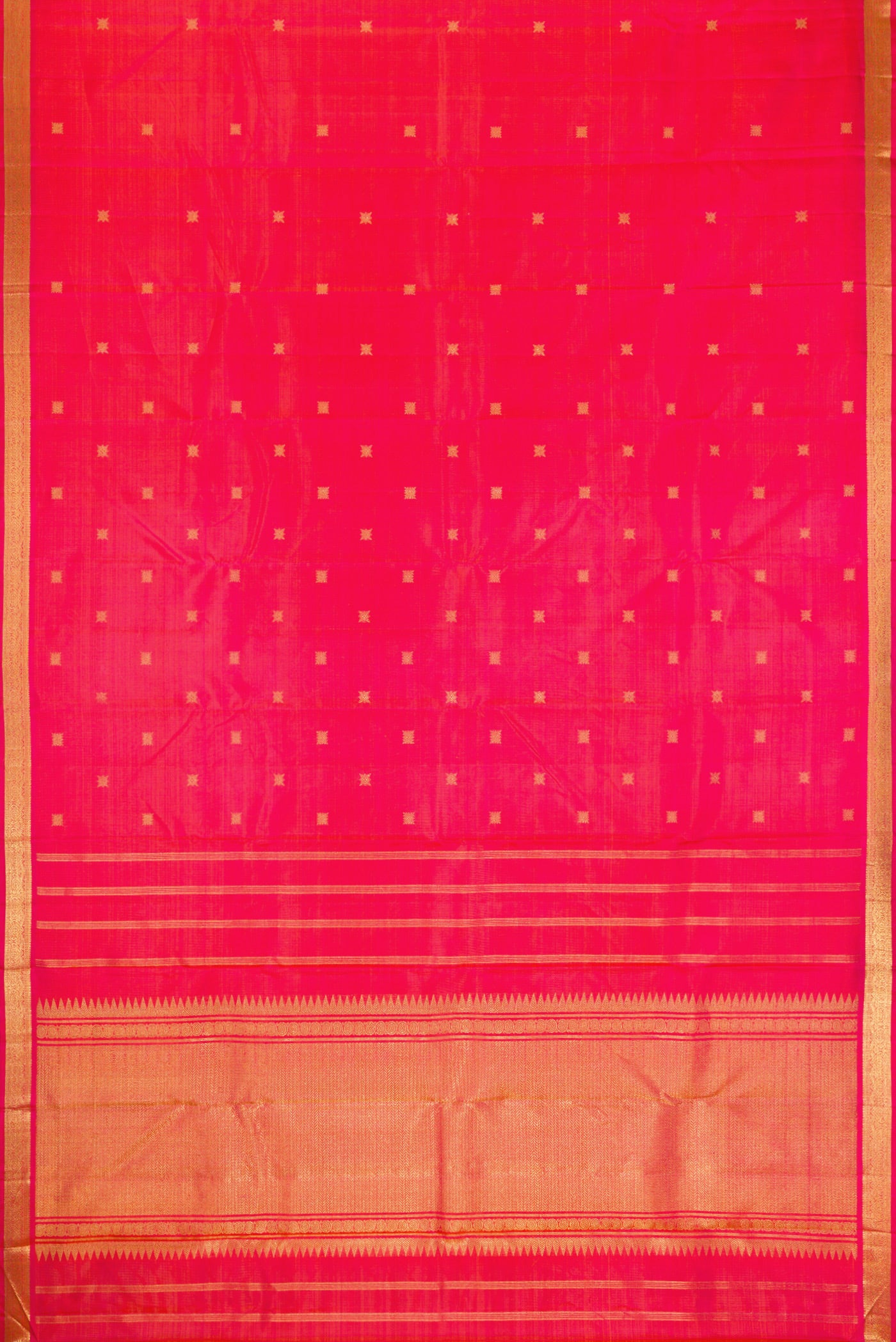 Flat view of Pure Silk Pure Zari Coral Dual Tone Kanchipuram Saree with Zari Butta on the body and Zari Border. 