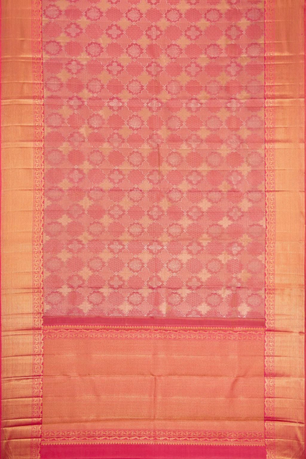 Flat view of Dark Pink Dual Tone Kanjivaram Silk Saree with Jacquard With Zari Butta on the body and Zari Border. 