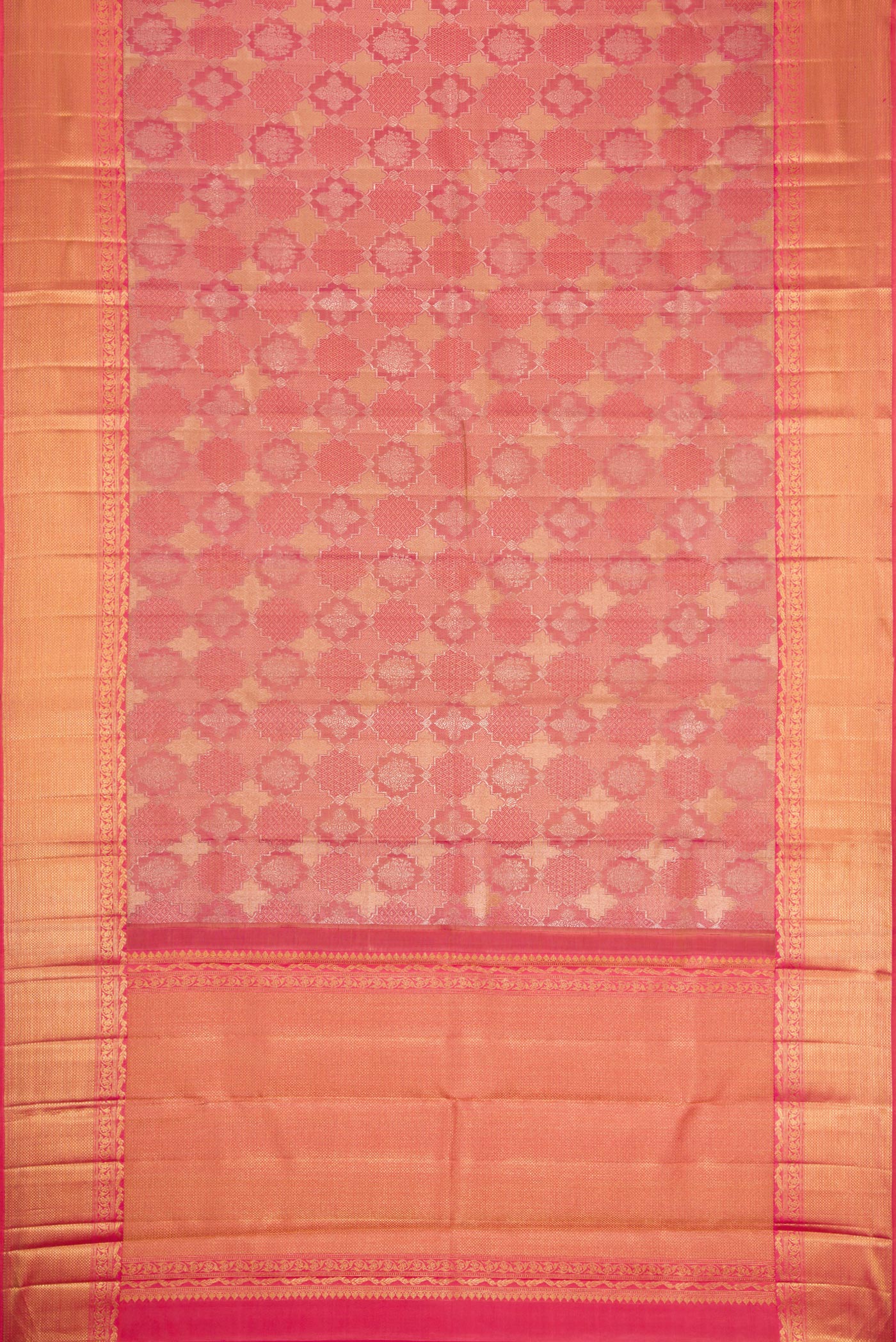 Flat view of Dark Pink Dual Tone Kanjivaram Silk Saree with Jacquard With Zari Butta on the body and Zari Border. 