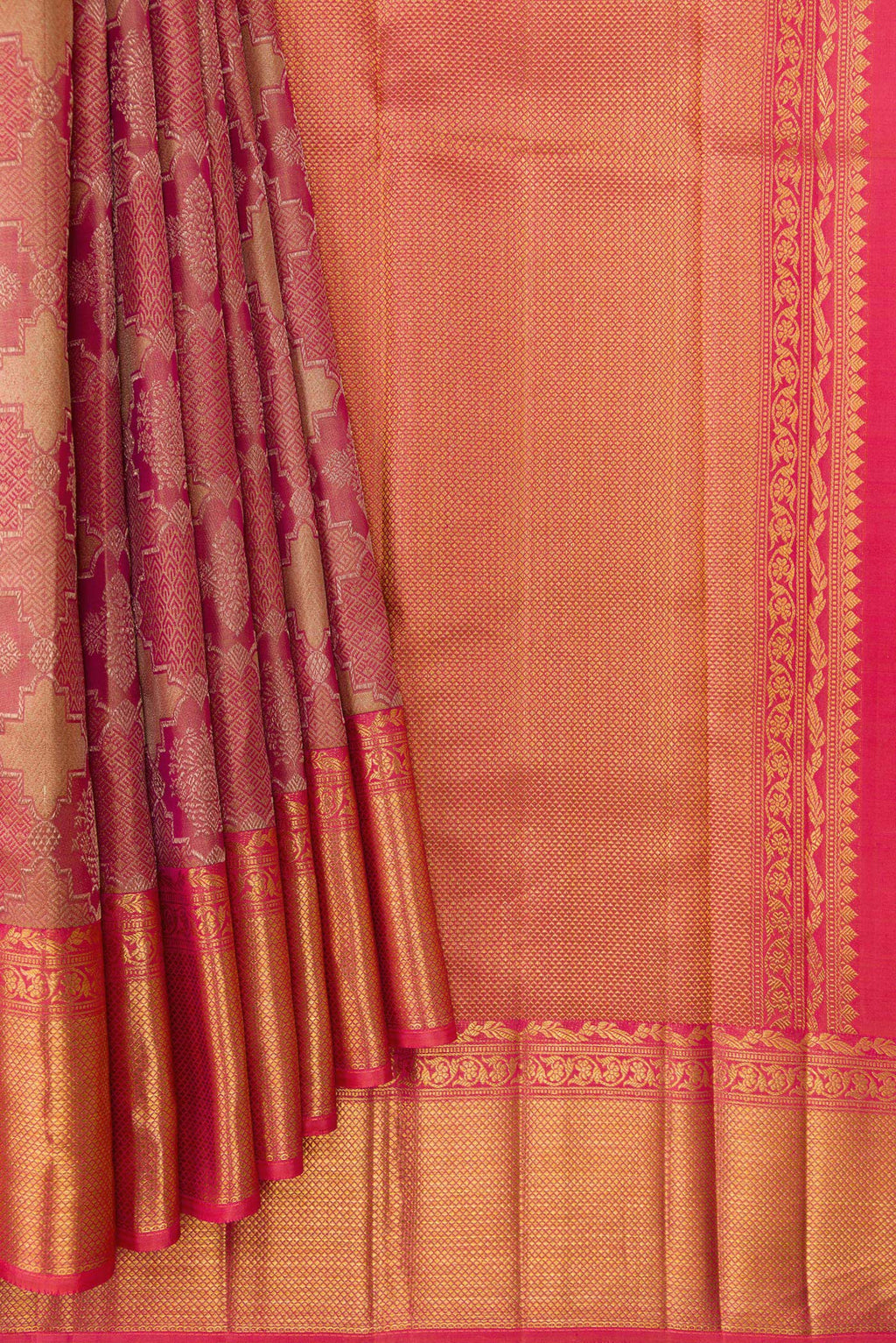 Pleats and pallu of Dark Pink Dual Tone Kanjivaram Silk Saree with Jacquard With Zari Butta on the body and Zari Border. 