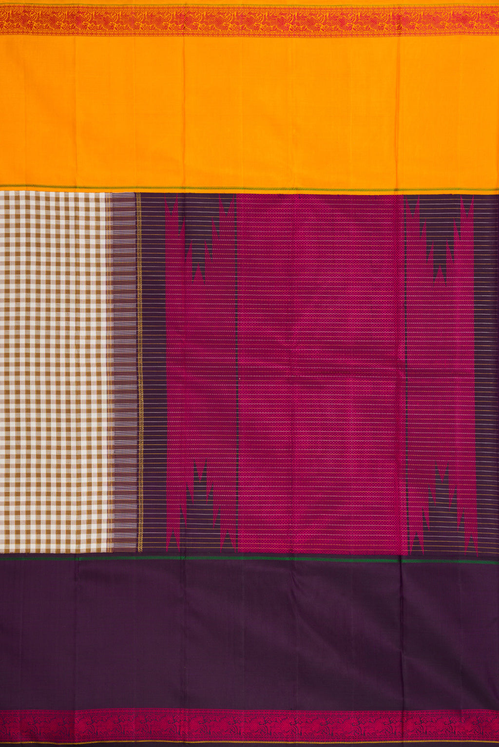 Close up image of the pallu of Pure Silk Pure Zari Beige Dual Tone Kanchipuram Saree with Checked design on the body and Ganga Jamuna Border. 