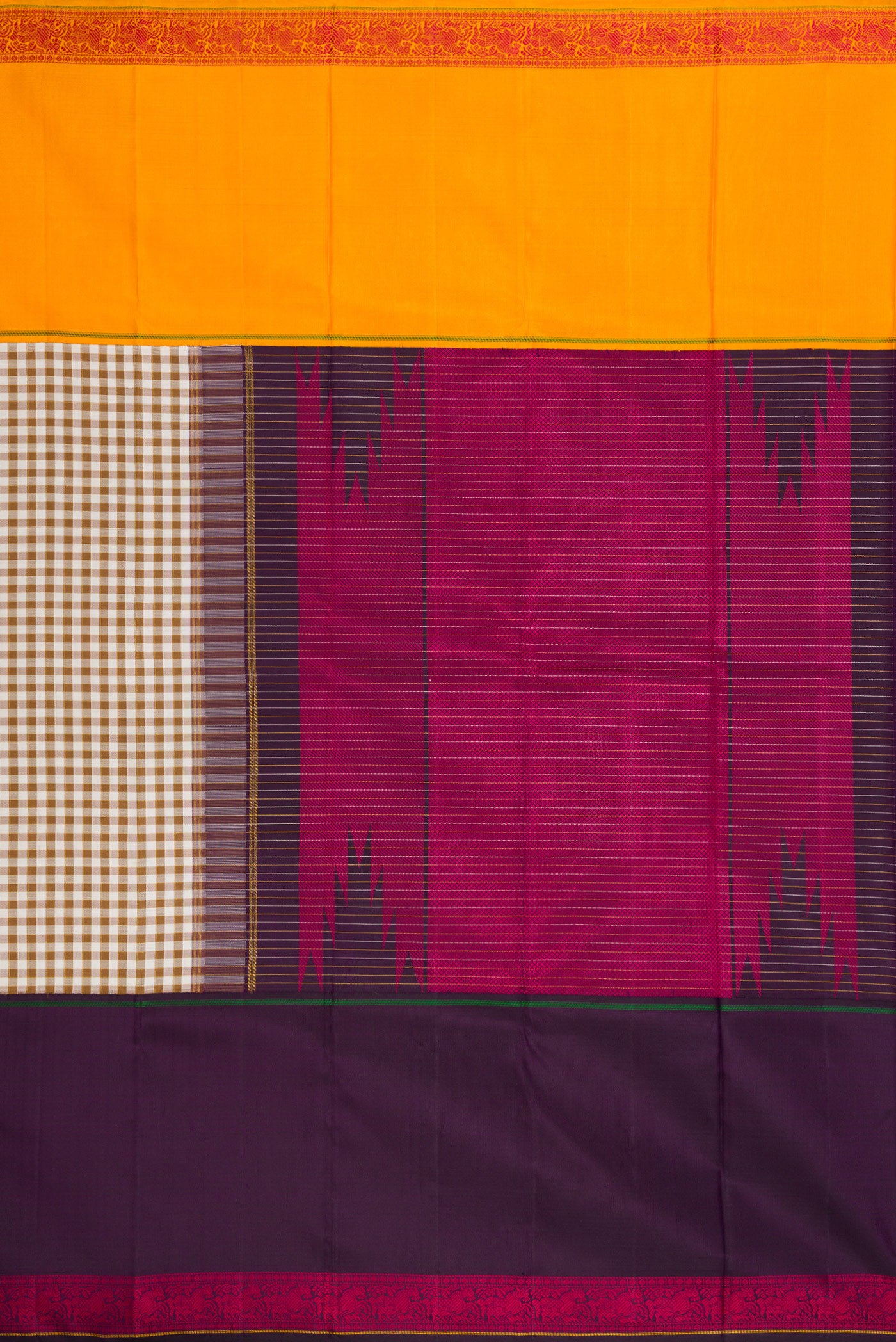 Close up image of the pallu of Pure Silk Pure Zari Beige Dual Tone Kanchipuram Saree with Checked design on the body and Ganga Jamuna Border. 
