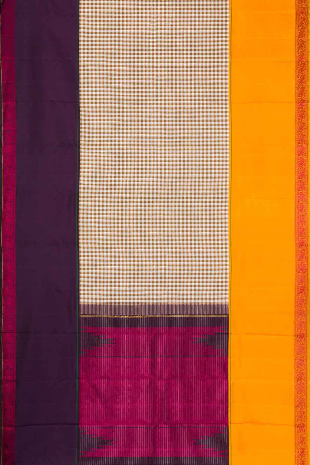 Flat view of Pure Silk Pure Zari Beige Dual Tone Kanchipuram Saree with Checked design on the body and Ganga Jamuna Border. 