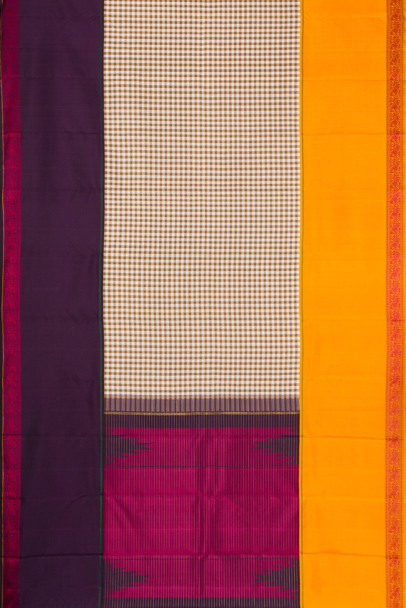 Flat view of Pure Silk Pure Zari Beige Dual Tone Kanchipuram Saree with Checked design on the body and Ganga Jamuna Border. 