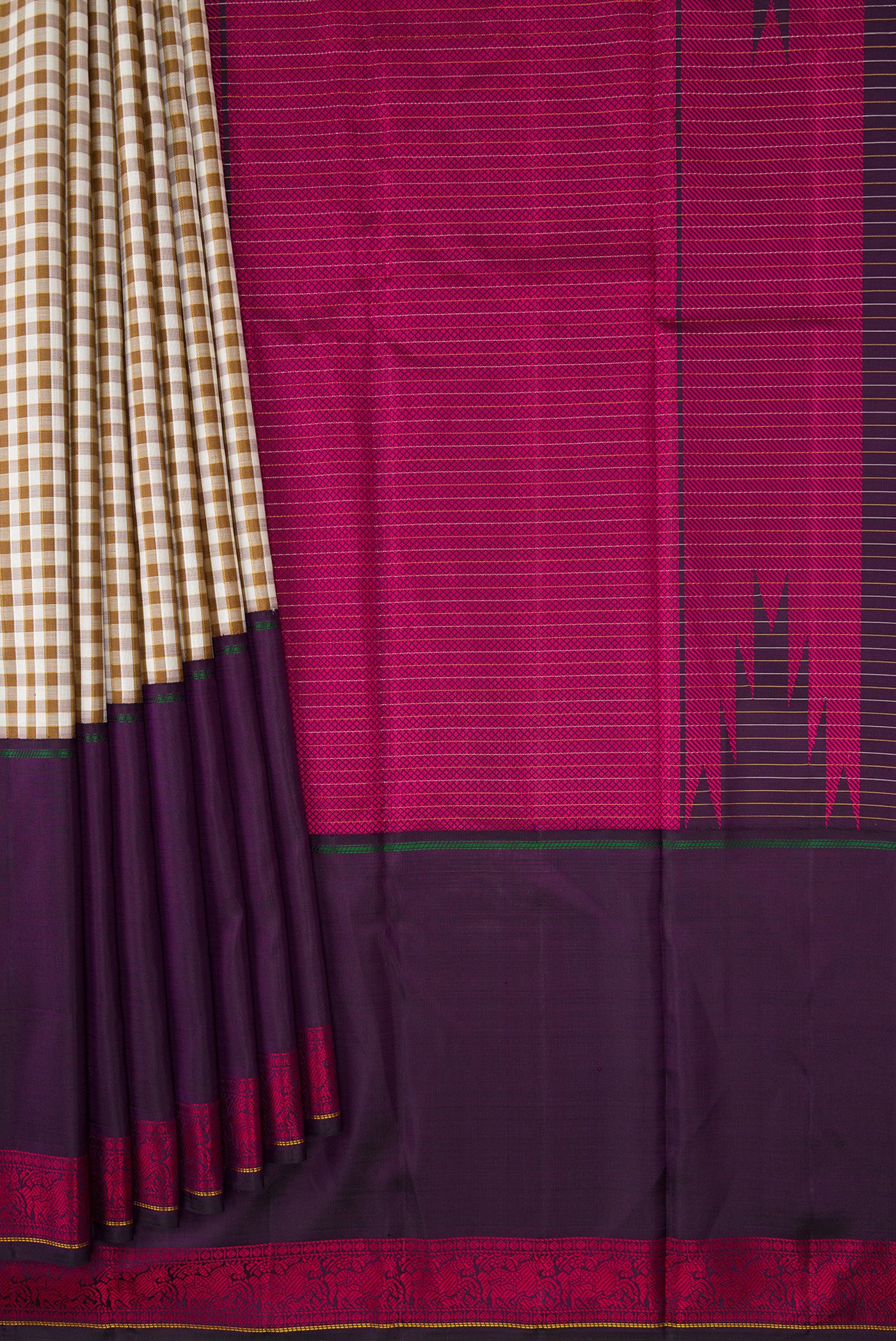 Pleats and pallu of Pure Silk Pure Zari Beige Dual Tone Kanchipuram Saree with Checked design on the body and Ganga Jamuna Border. 