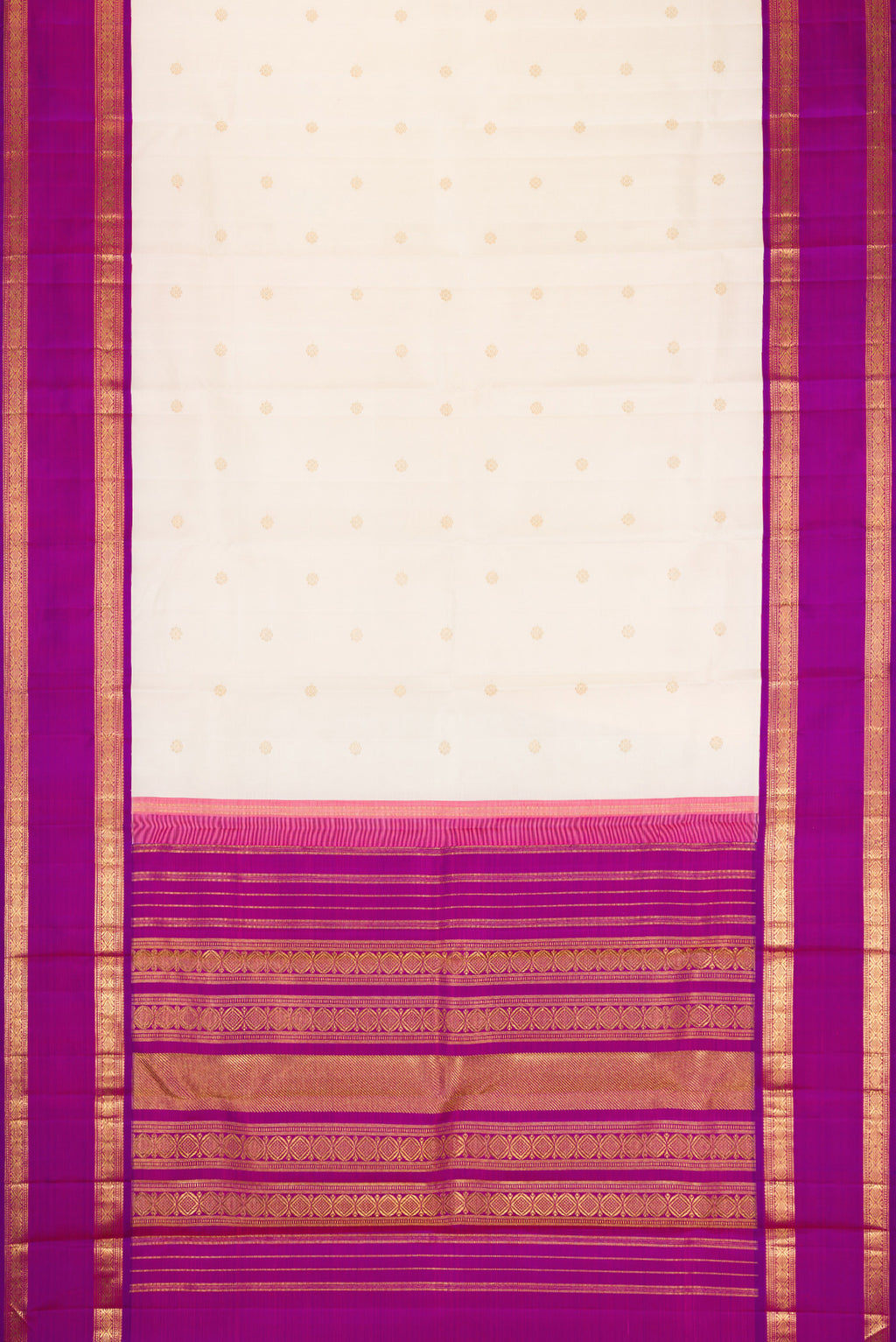 Flat view of Pure Silk Pure Zari Off White Dual Tone Kanjivaram Saree with Zari Butta on the body and Zari Border. 