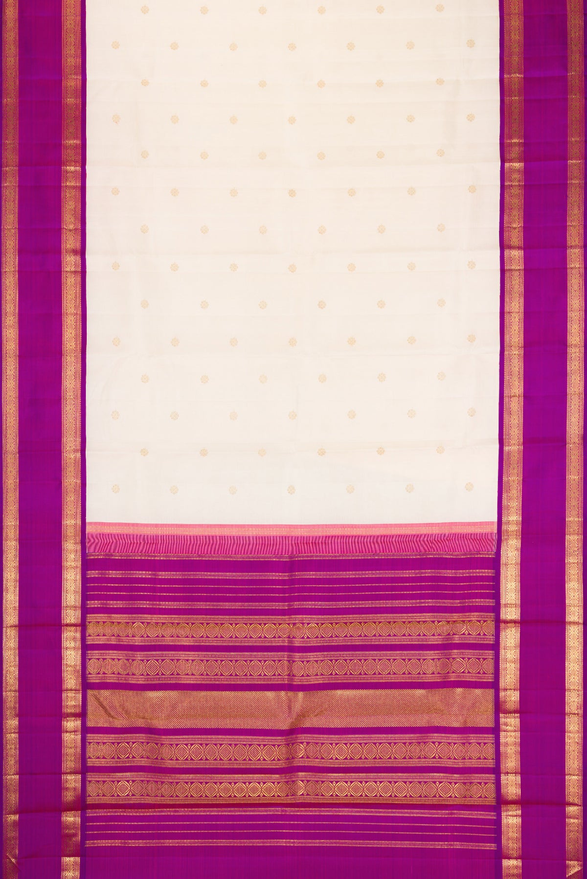 Flat view of Pure Silk Pure Zari Off White Dual Tone Kanjivaram Saree with Zari Butta on the body and Zari Border. 