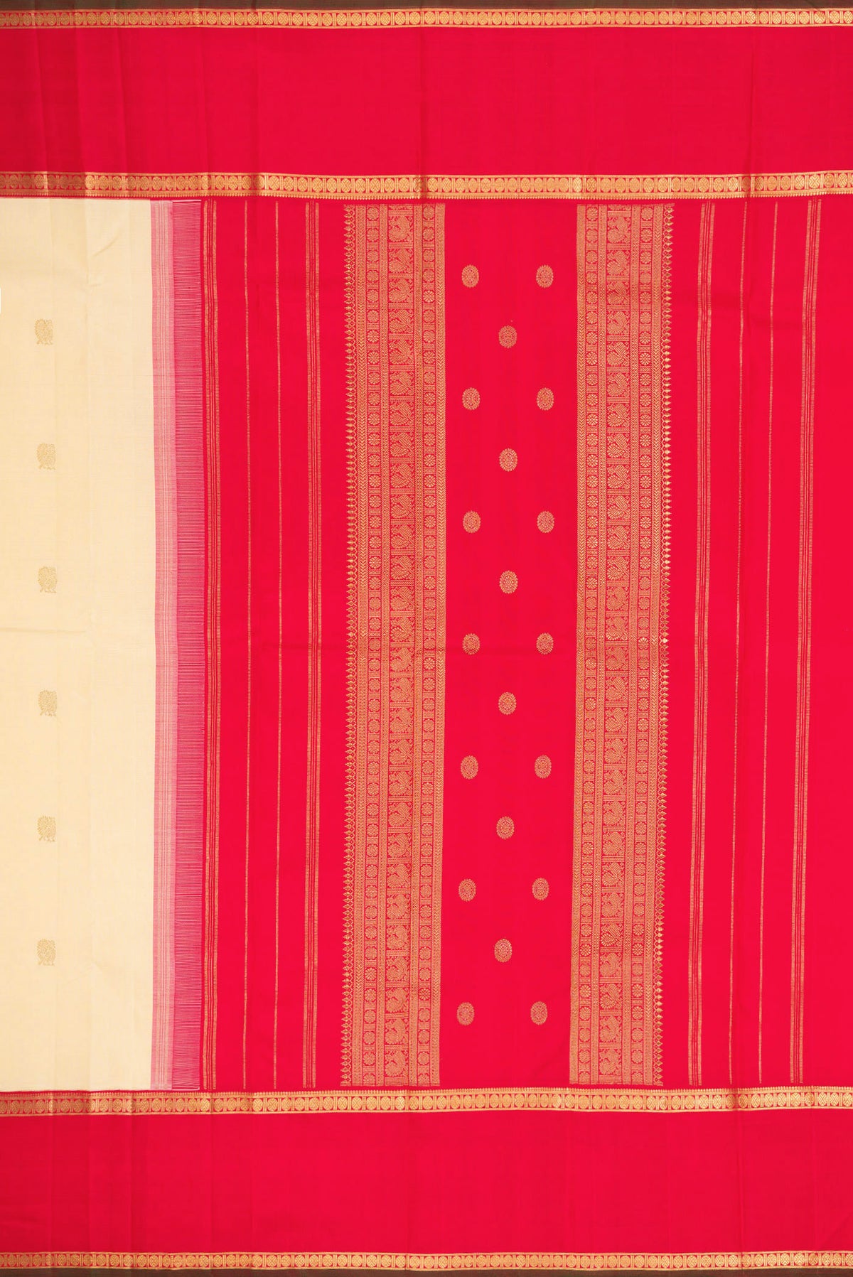 Close up image of the pallu of Pure Silk Pure Zari Sandal Dual Tone Kanjivaram Saree with Zari Butta on the body and Fancy Border. 