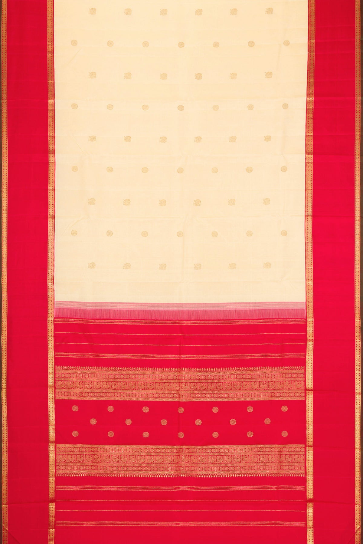 Flat view of Pure Silk Pure Zari Sandal Dual Tone Kanjivaram Saree with Zari Butta on the body and Fancy Border. 