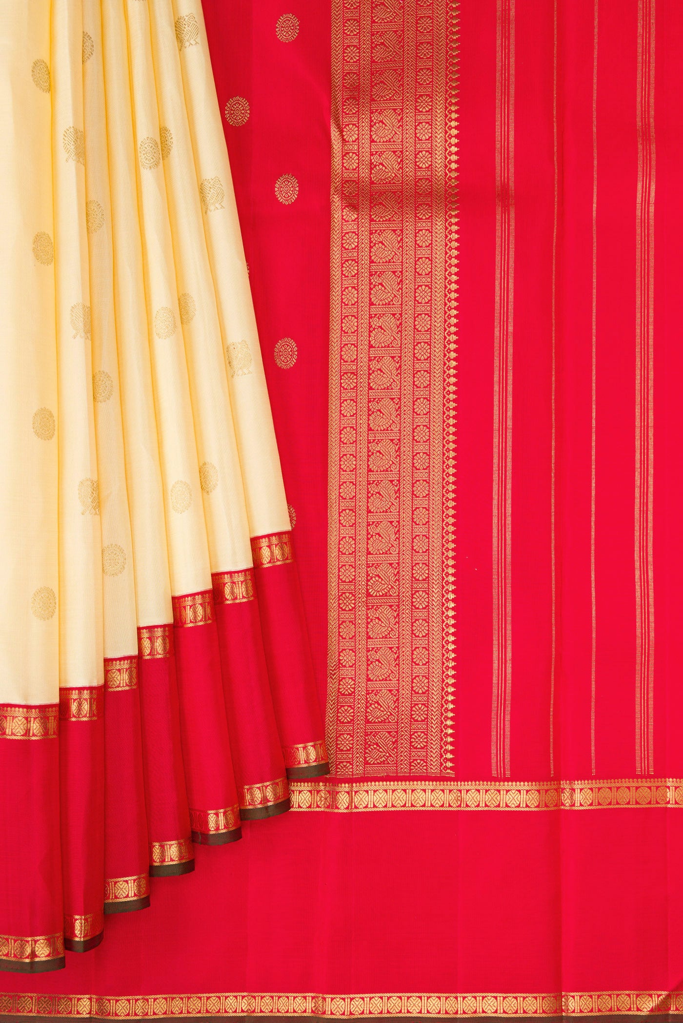 Pleats and pallu of Pure Silk Pure Zari Sandal Dual Tone Kanjivaram Saree with Zari Butta on the body and Fancy Border. 
