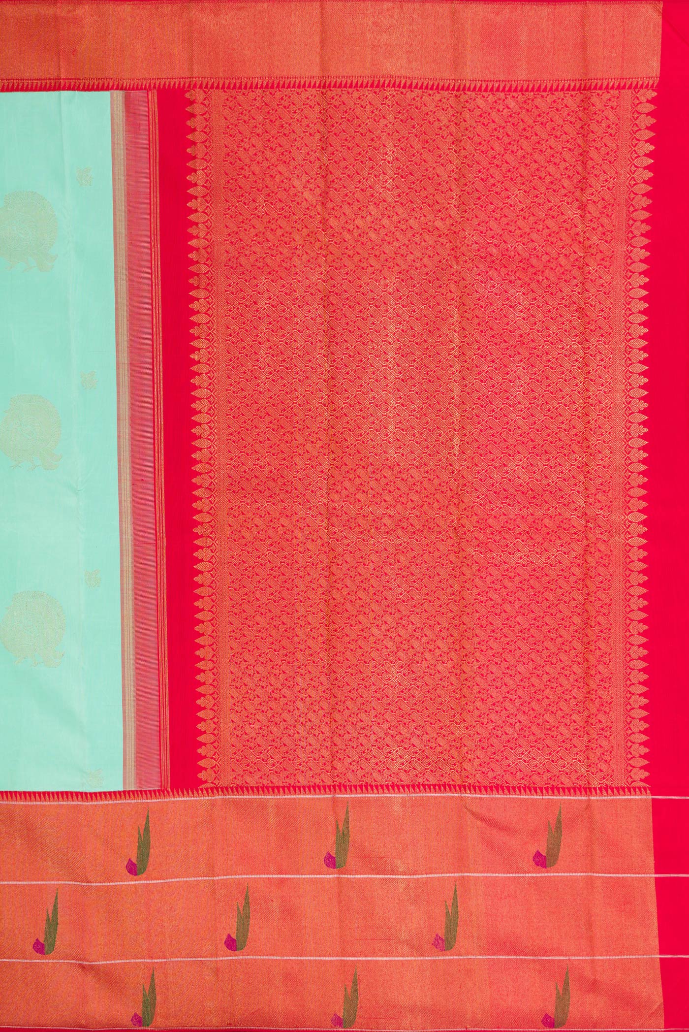 Close up image of the pallu of Pure Silk Pure Zari Sea Green Dual Tone Kanjivaram Saree with Zari Butta on the body and Paithani Border. 
