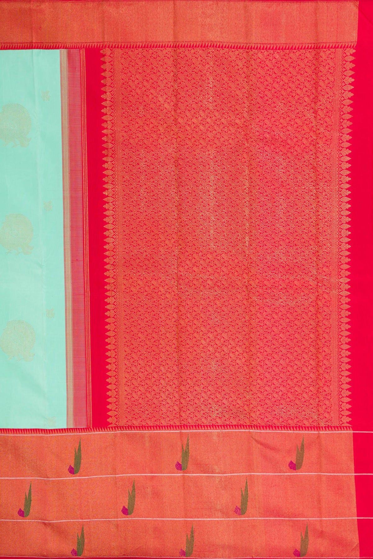 Close up image of the pallu of Pure Silk Pure Zari Sea Green Dual Tone Kanjivaram Saree with Zari Butta on the body and Paithani Border. 