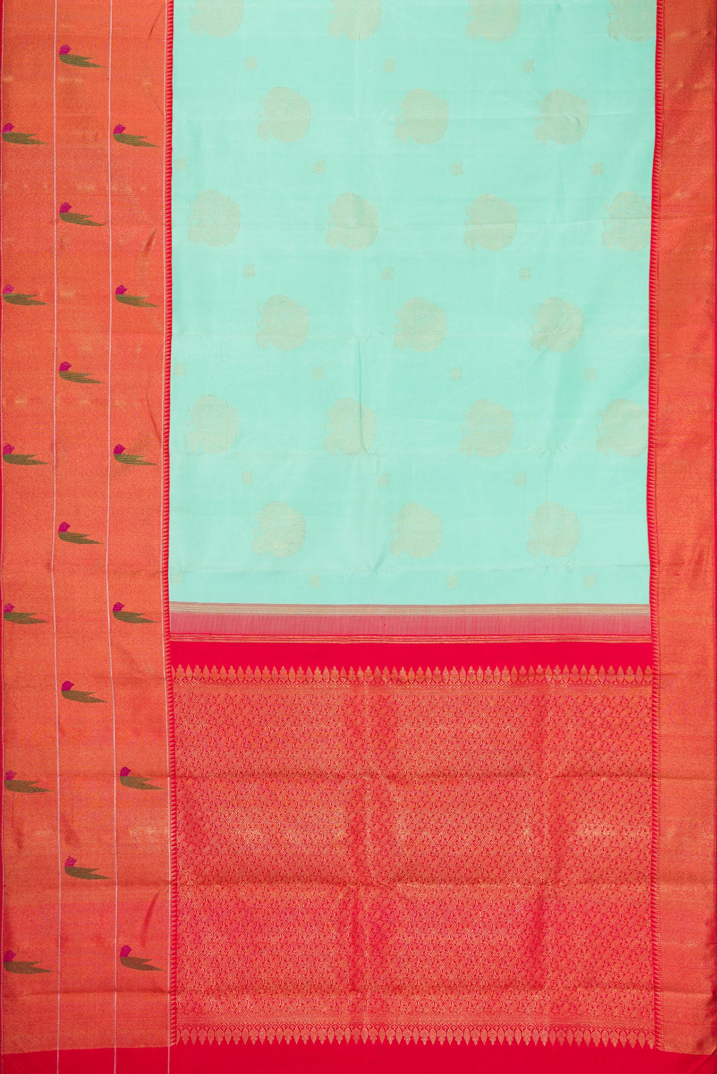 Flat view of Pure Silk Pure Zari Sea Green Dual Tone Kanjivaram Saree with Zari Butta on the body and Paithani Border. 