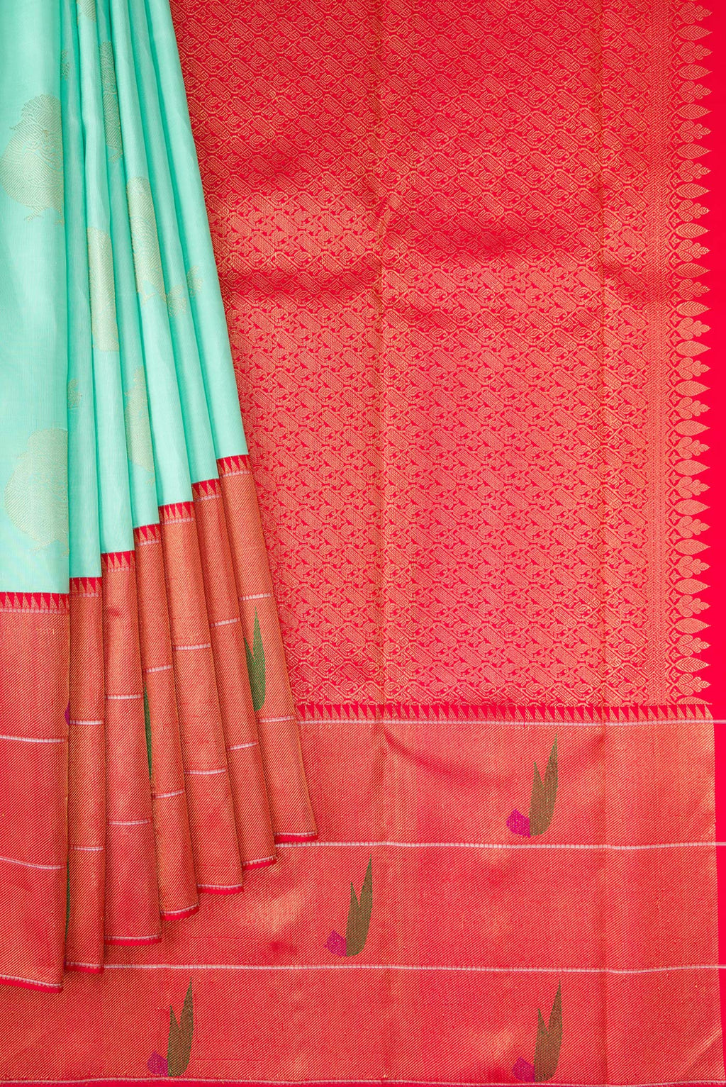 Pleats and pallu of Pure Silk Pure Zari Sea Green Dual Tone Kanjivaram Saree with Zari Butta on the body and Paithani Border. 