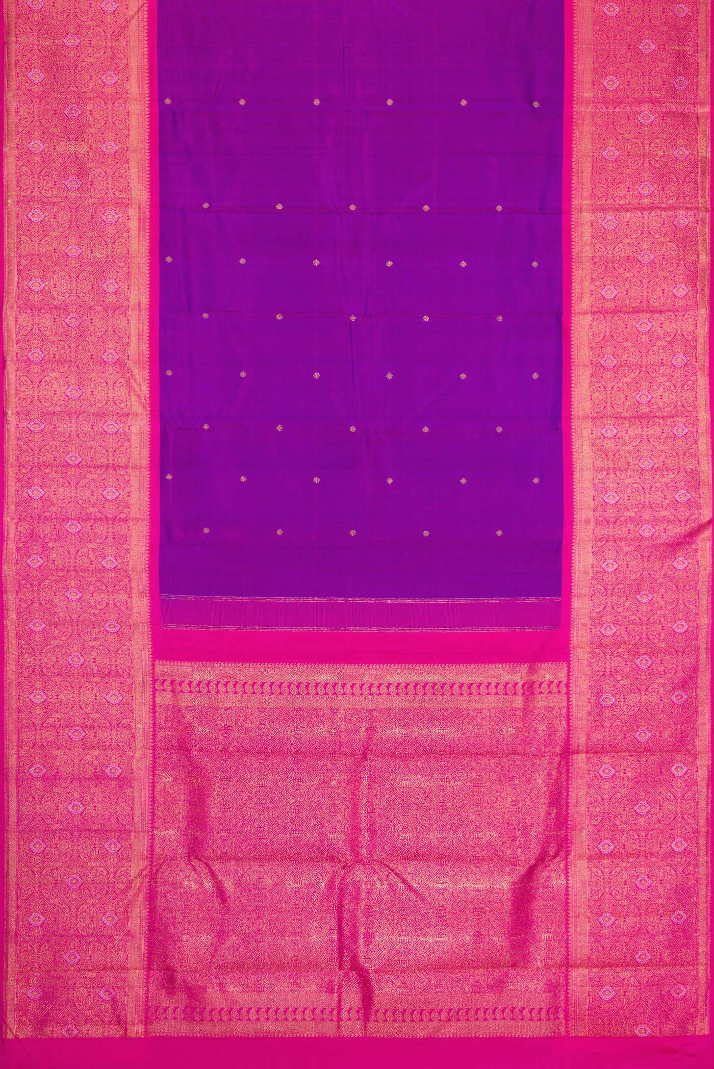 Flat view of Pure Silk Pure Zari Purple Dual Tone Kanjivaram Saree with Zari Butta on the body and Fancy Border. 