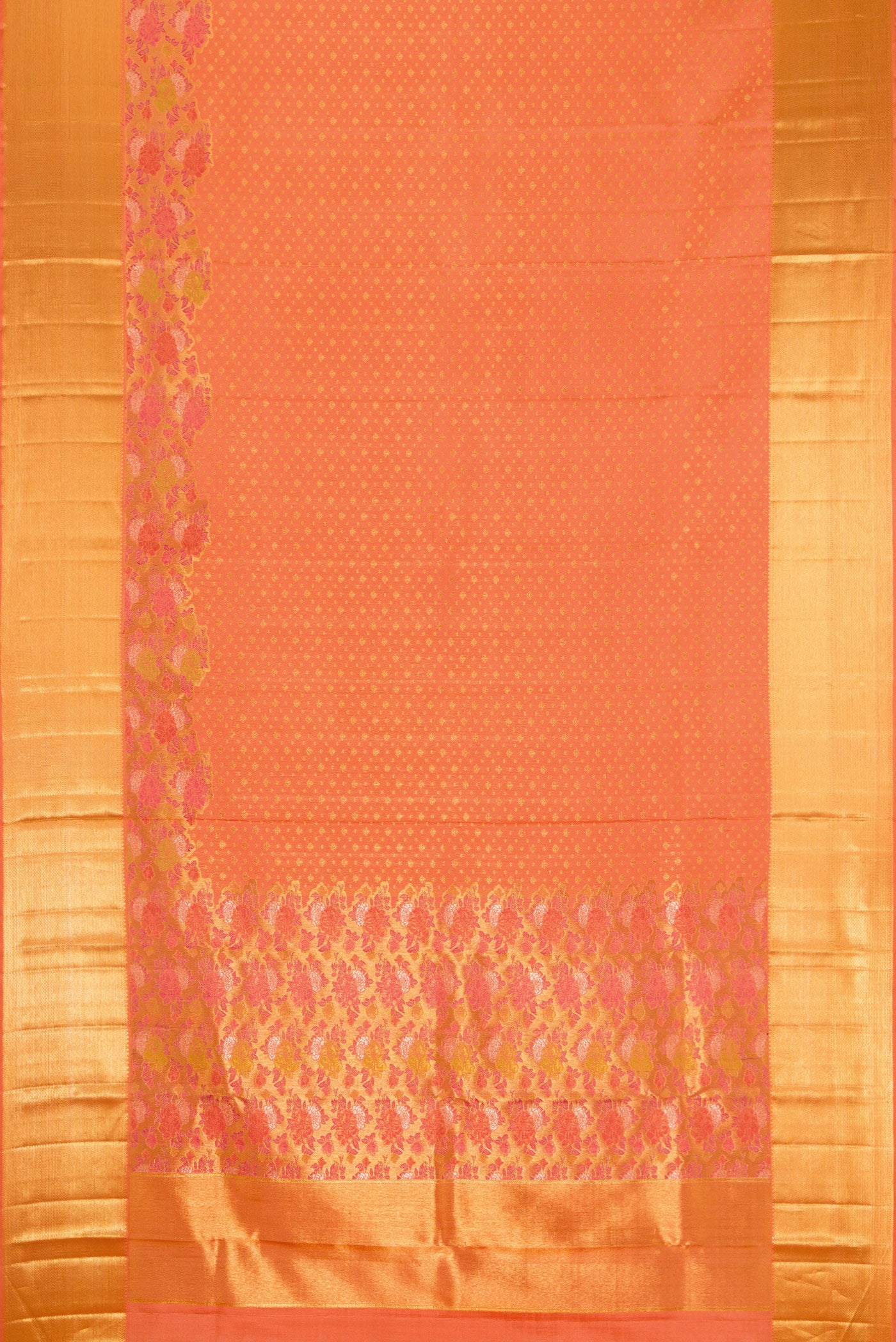 Flat view of Pure Silk Pure Zari Peach Dual Tone Kanjivaram Saree with Zari Brocade on the body and Zari Border. 