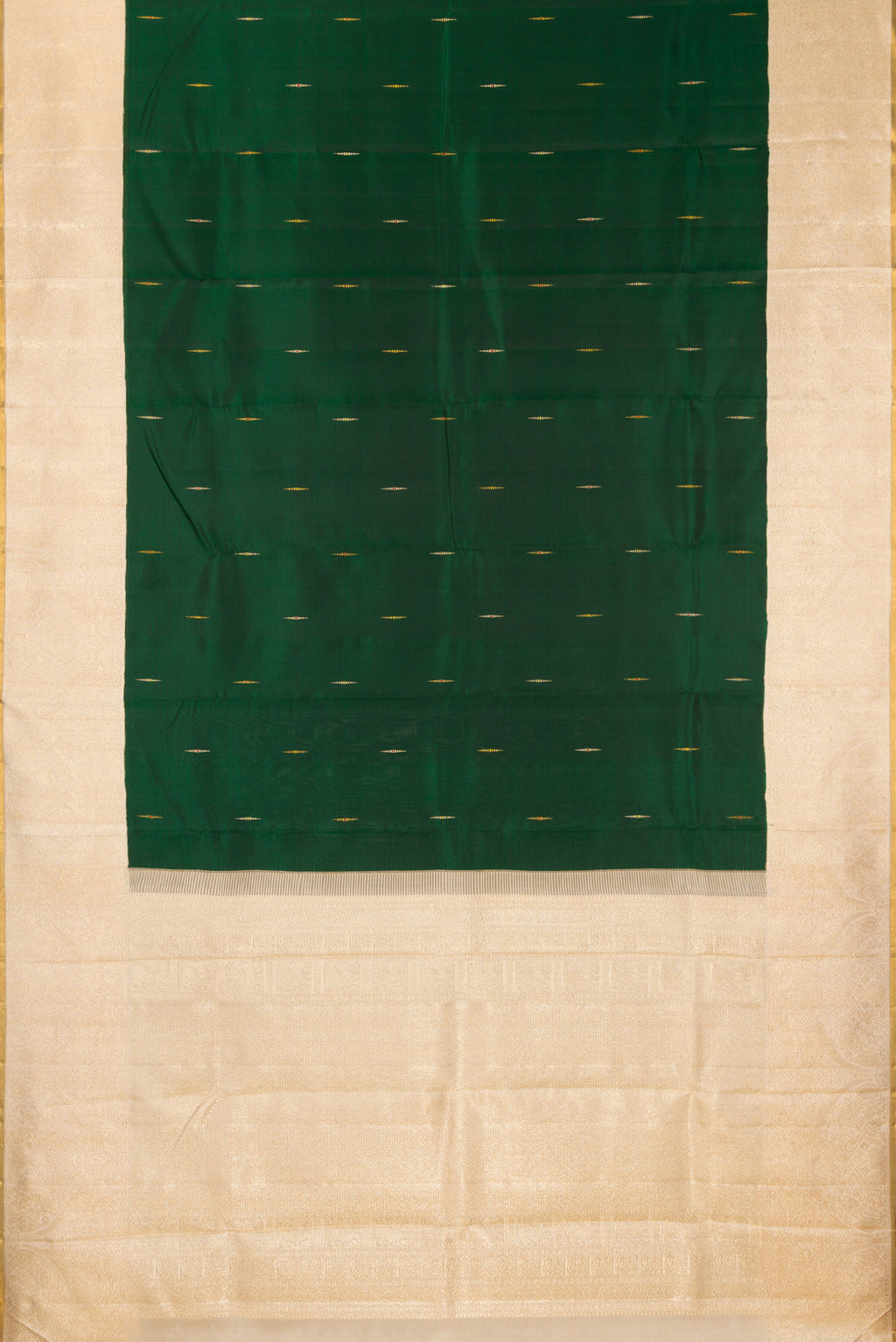 Flat view of Pure Silk Pure Zari Bottle Green Kanjivaram Saree with Zari Butta on the body and Zari Border. 