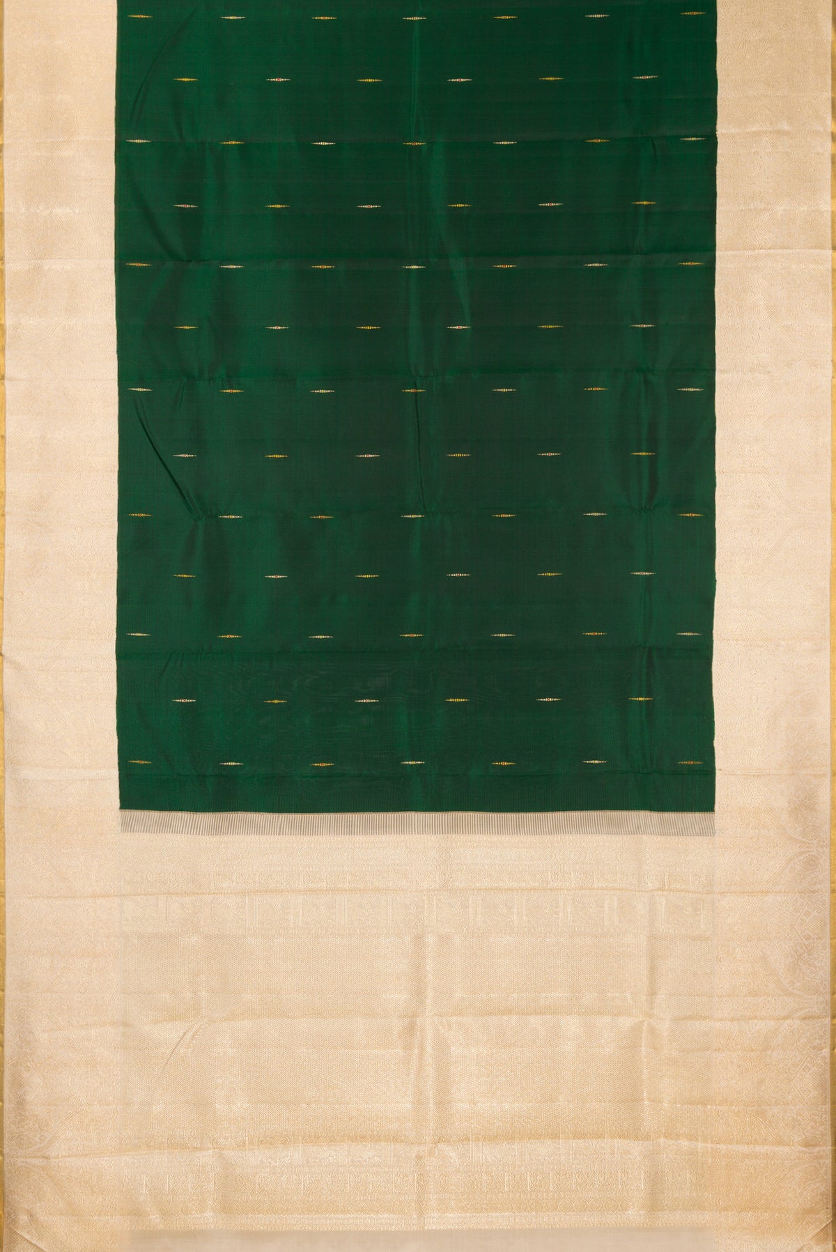 Flat view of Pure Silk Pure Zari Bottle Green Kanjivaram Saree with Zari Butta on the body and Zari Border. 
