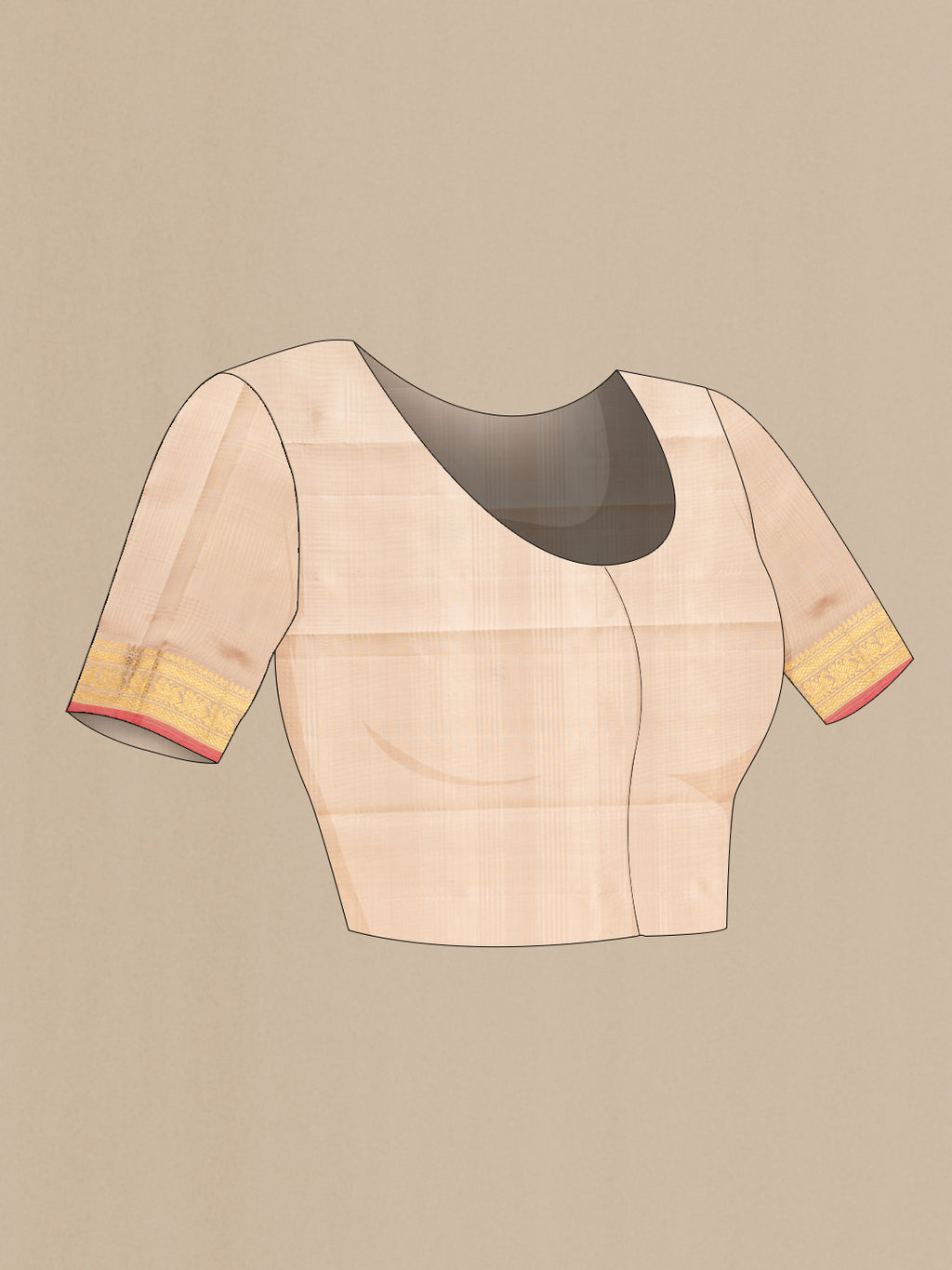Close up image of the blouse of Pure Silk Pure Zari Beige Kanchipuram Saree with Checked design on the body and Zari Border. 