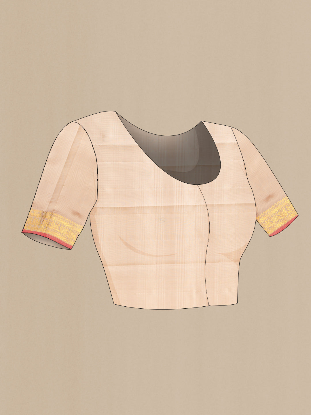 Close up image of the blouse of Pure Silk Pure Zari Beige Kanchipuram Saree with Checked design on the body and Zari Border. 