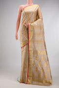 Pure Silk Pure Zari Beige Kanchipuram Saree with Checked design on the body and Zari Border.  displayed on a mannequin