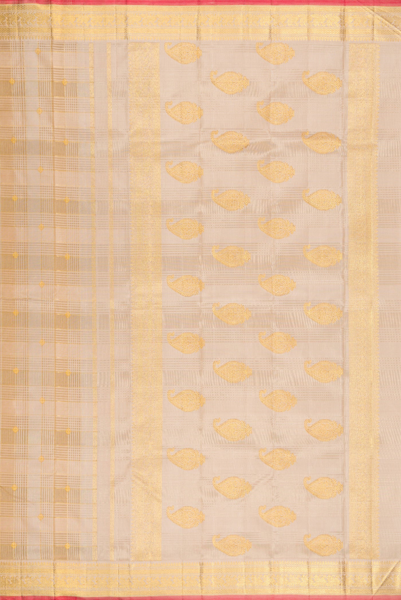 Close up image of the pallu of Pure Silk Pure Zari Beige Kanchipuram Saree with Checked design on the body and Zari Border. 