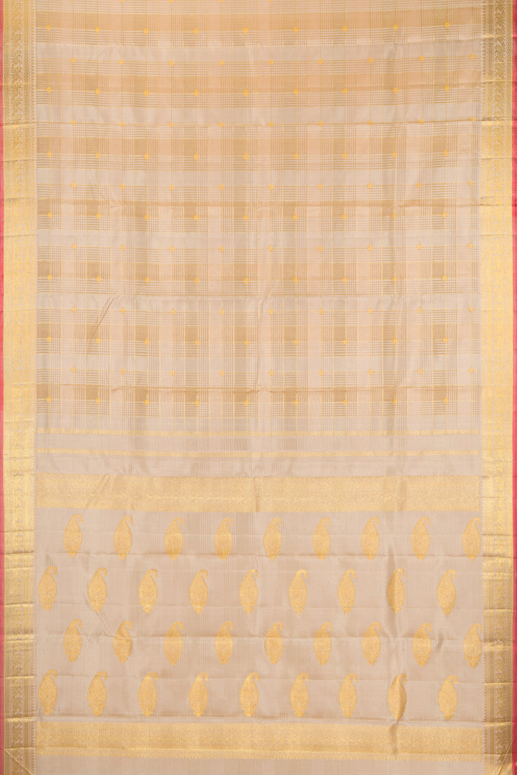 Flat view of Pure Silk Pure Zari Beige Kanchipuram Saree with Checked design on the body and Zari Border. 