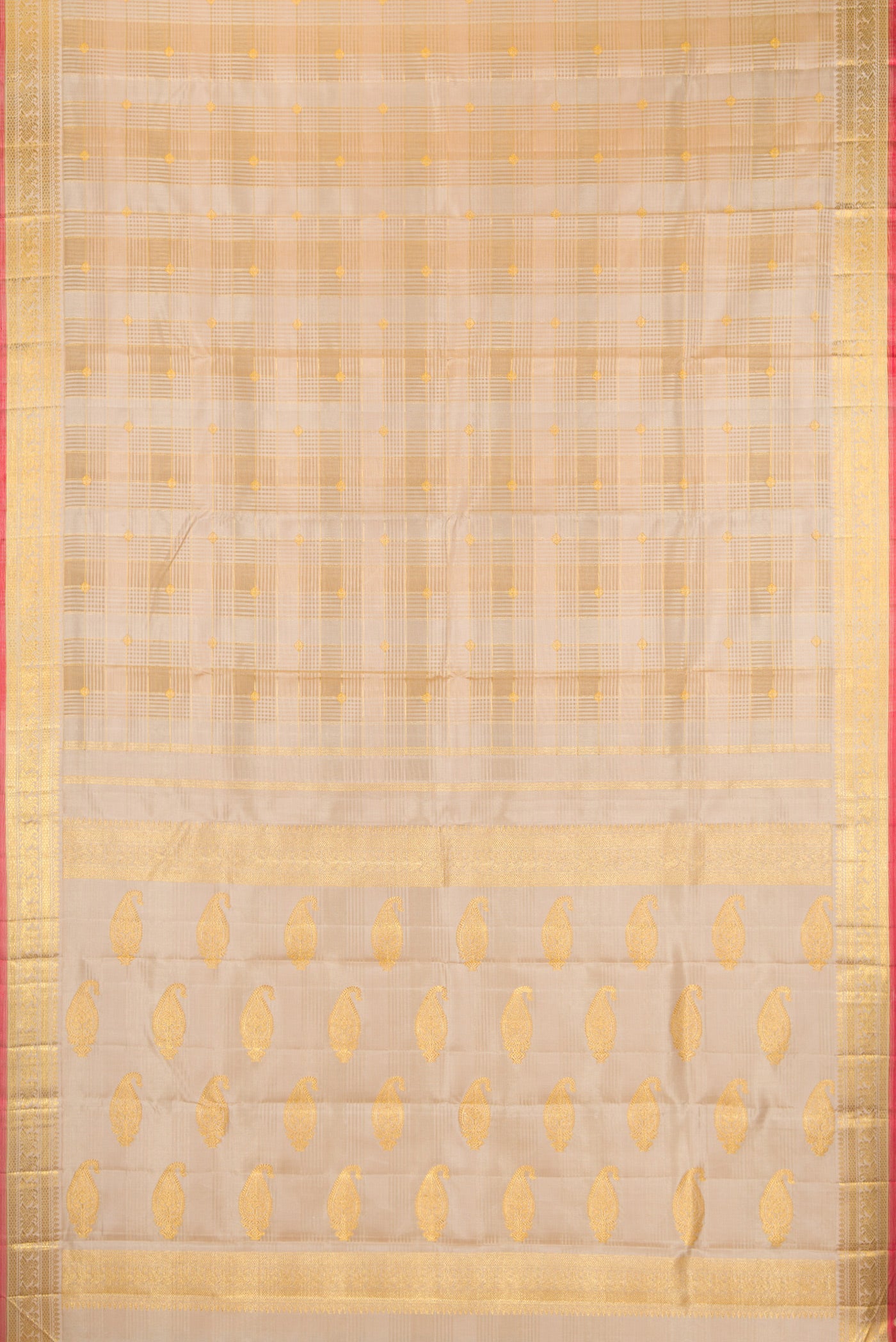 Flat view of Pure Silk Pure Zari Beige Kanchipuram Saree with Checked design on the body and Zari Border. 