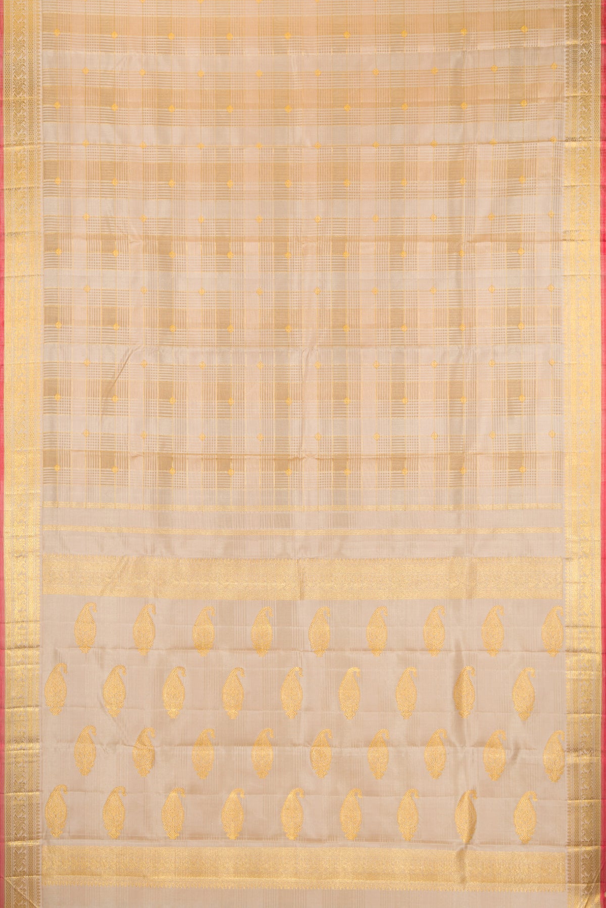 Flat view of Pure Silk Pure Zari Beige Kanchipuram Saree with Checked design on the body and Zari Border. 