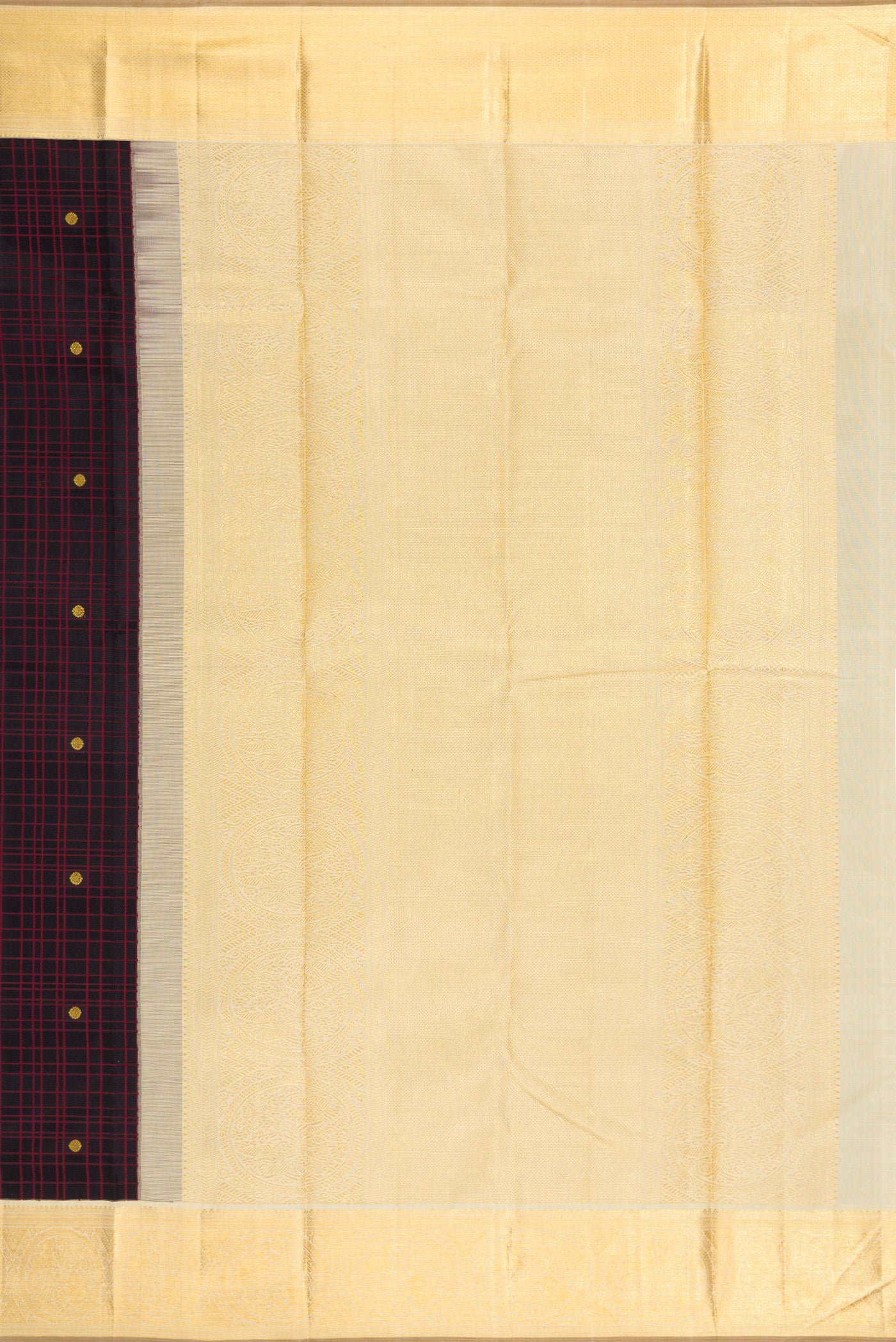 Close up image of the pallu of Pure Silk Pure Zari Black Kanchipuram Saree with Checked design on the body and Zari Border. 