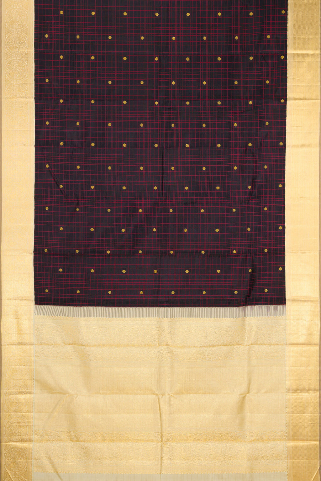 Flat view of Pure Silk Pure Zari Black Kanchipuram Saree with Checked design on the body and Zari Border. 