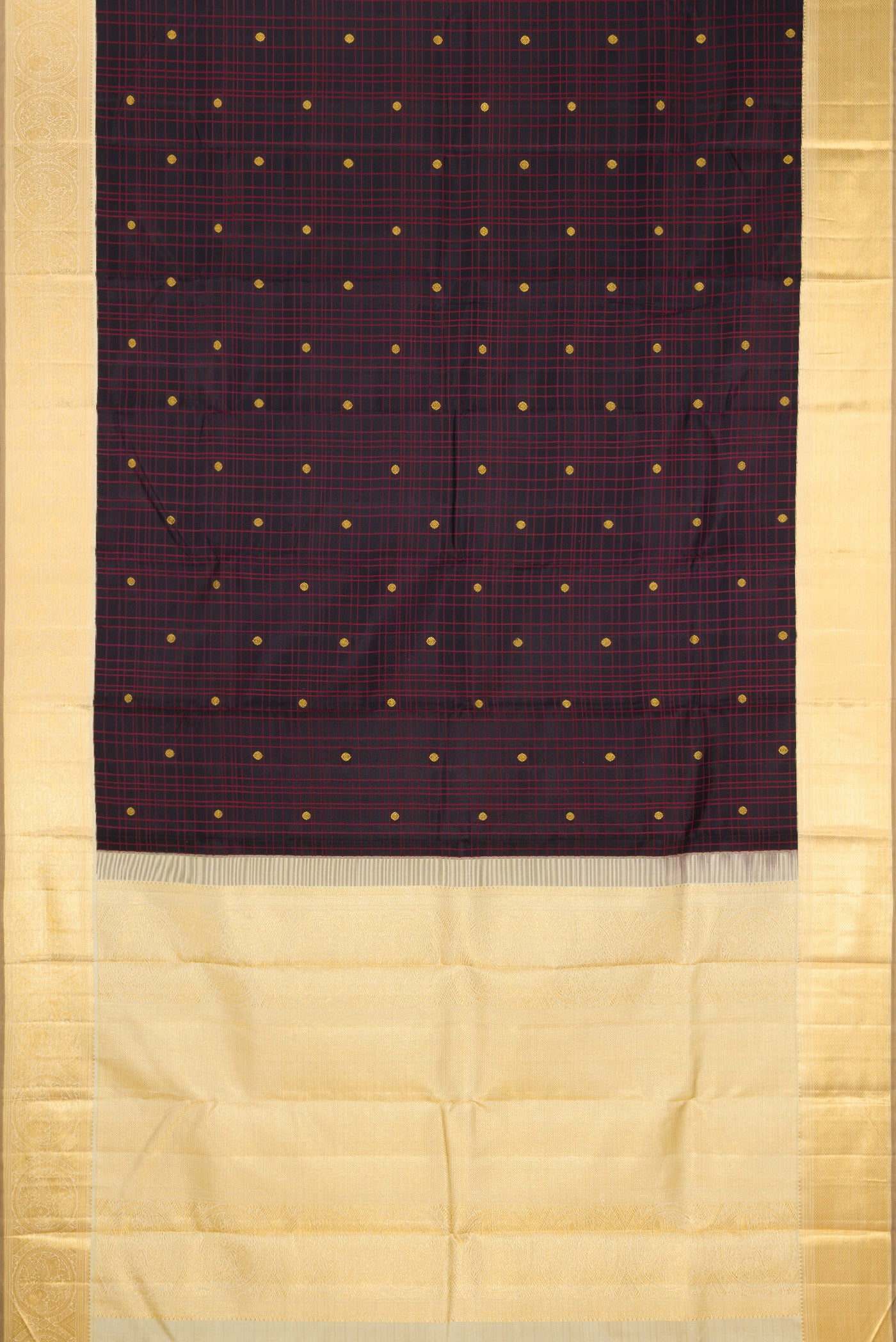 Flat view of Pure Silk Pure Zari Black Kanchipuram Saree with Checked design on the body and Zari Border. 