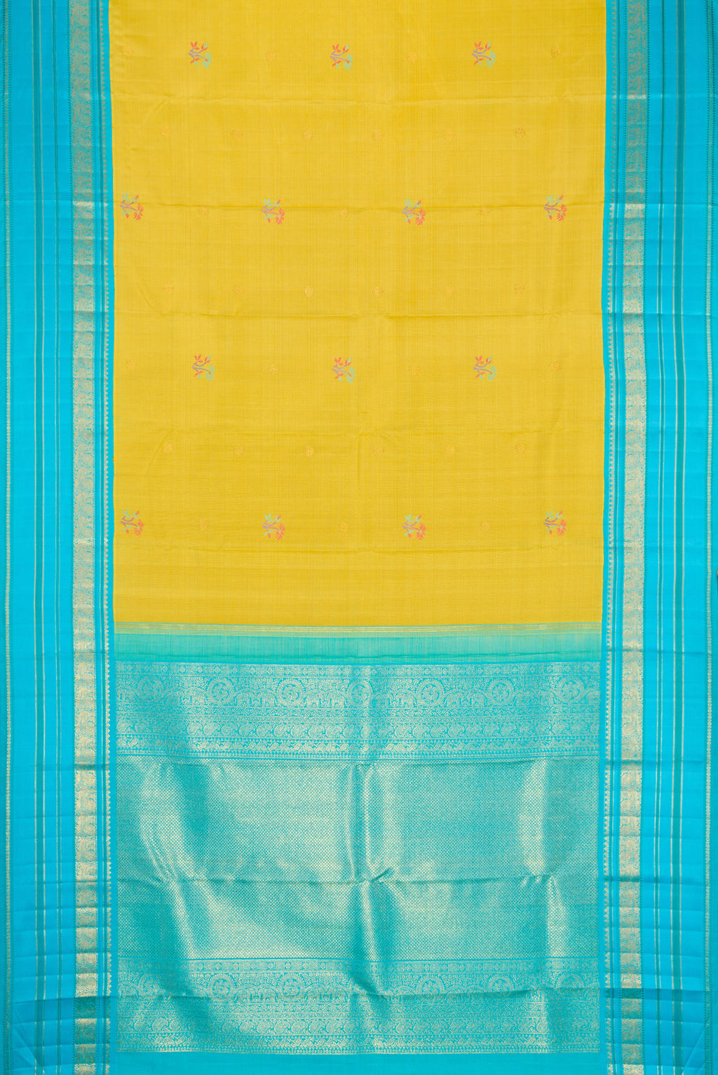 Flat view of Pure Silk Pure Zari Lemon Yellow Dual Tone Kanchipuram Saree with Zari And Thread Butta on the body and Zari And Thread Border. 