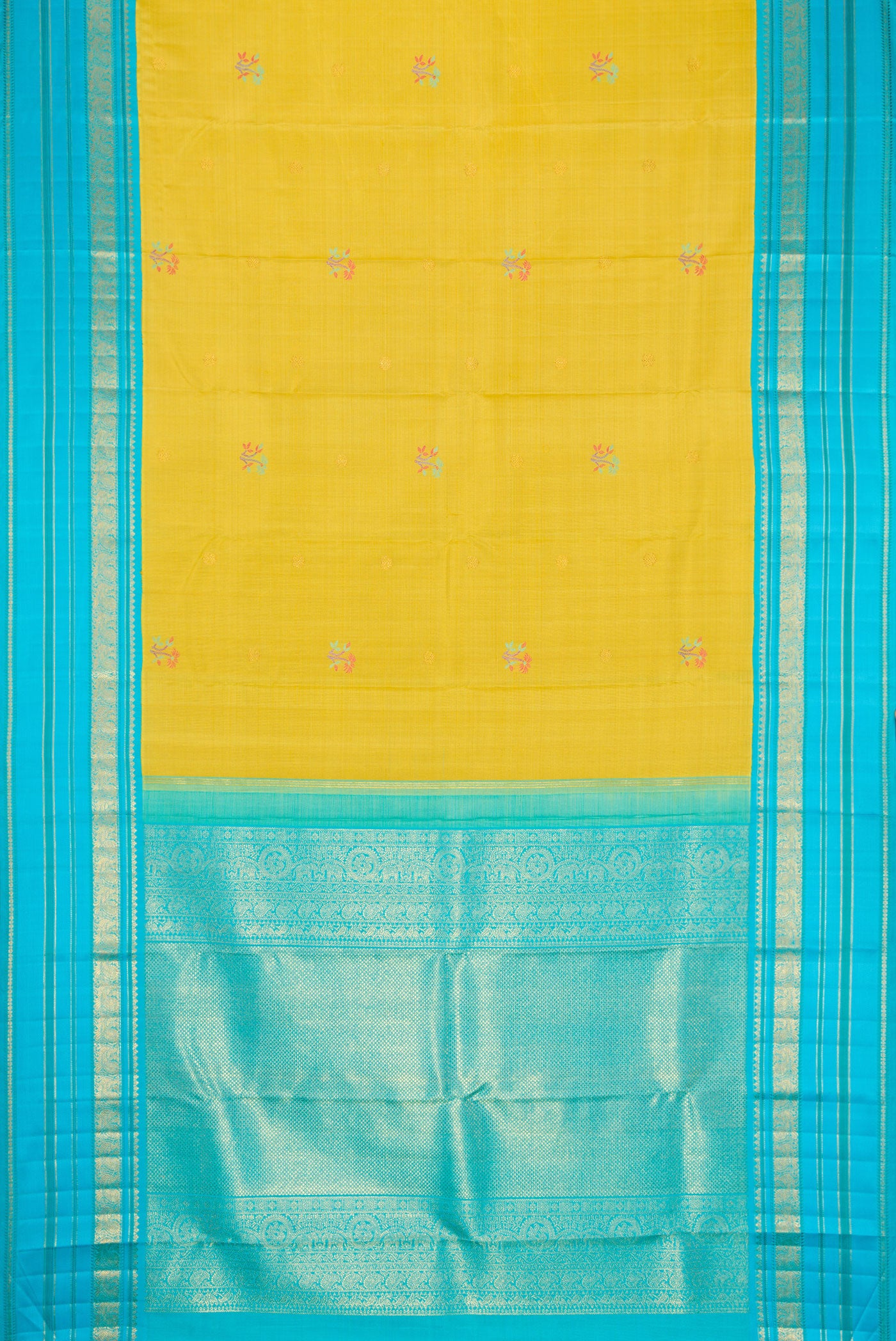 Flat view of Pure Silk Pure Zari Lemon Yellow Dual Tone Kanchipuram Saree with Zari And Thread Butta on the body and Zari And Thread Border. 