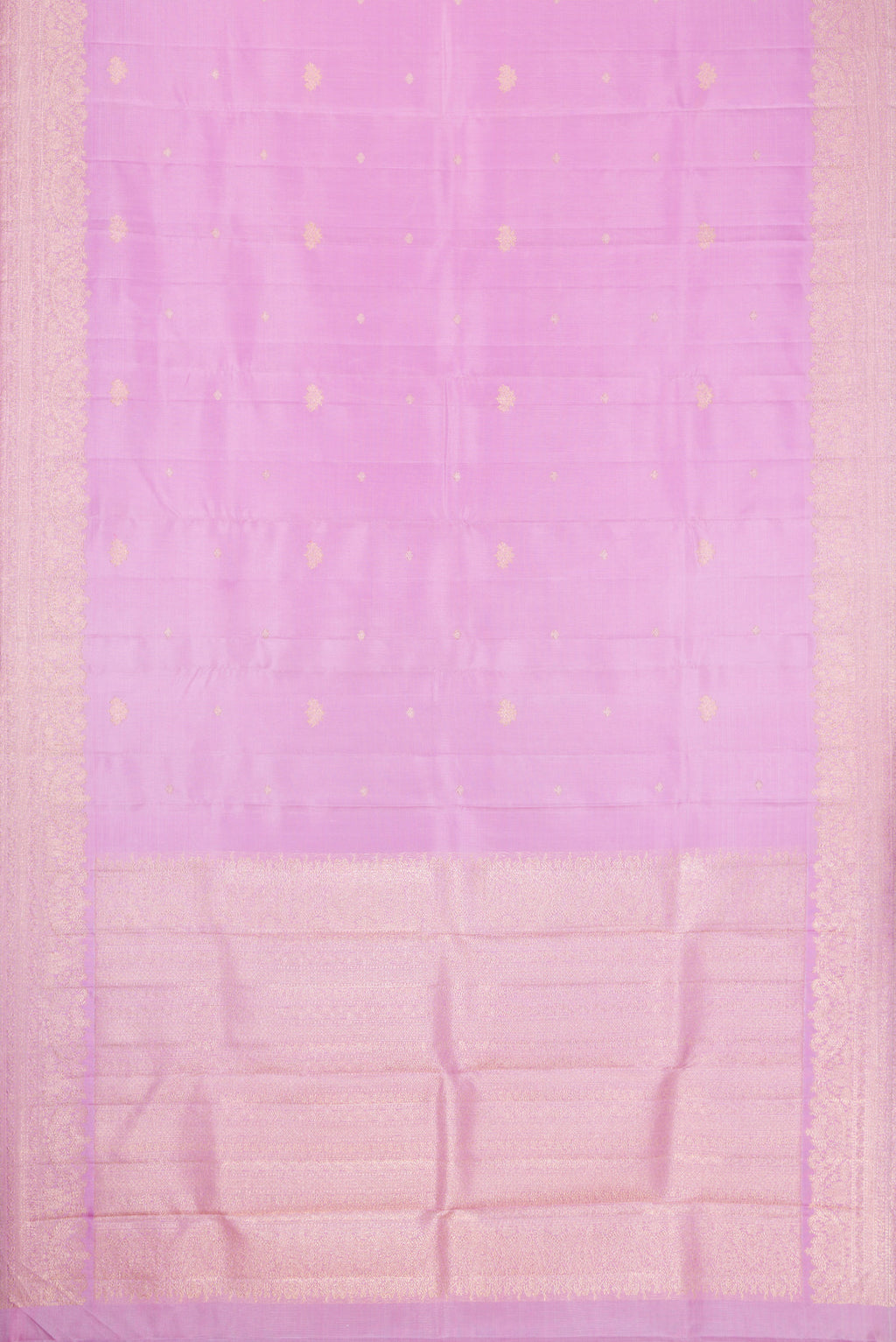 Flat view of Lavender Dual Tone Kanchipuram Silk Saree with Zari Butta on the body and Fancy Border. 
