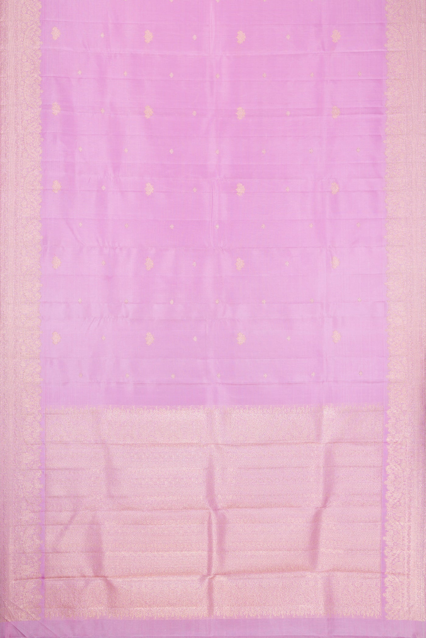 Flat view of Lavender Dual Tone Kanchipuram Silk Saree with Zari Butta on the body and Fancy Border. 