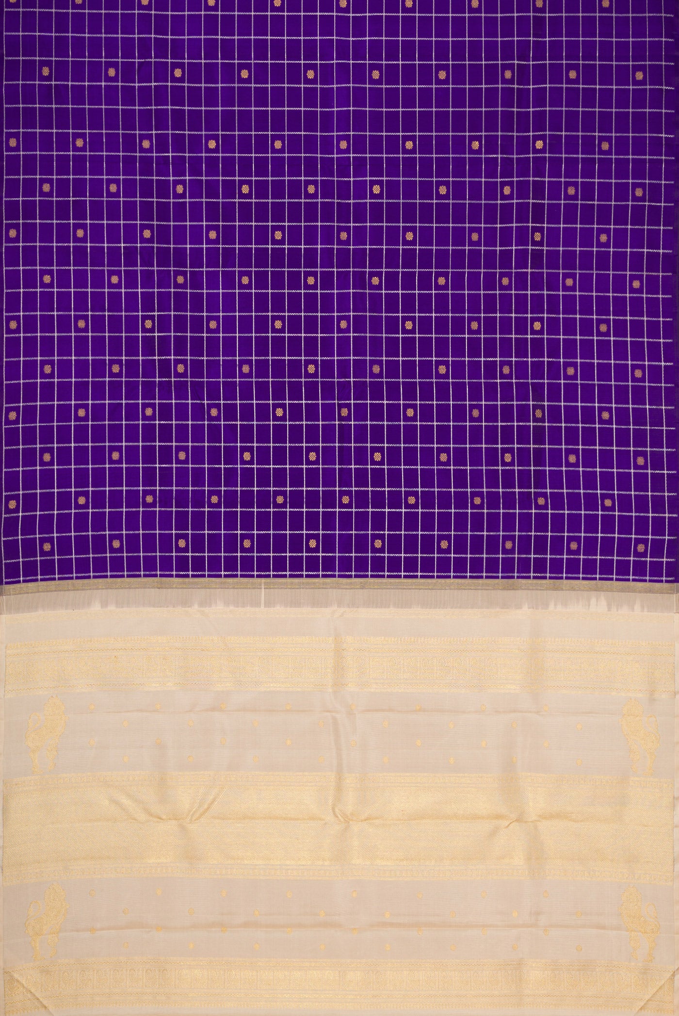 Flat view of Pure Silk Pure Zari Violet Dual Tone Kanjivaram Saree with Checked design on the body and Without Border. 