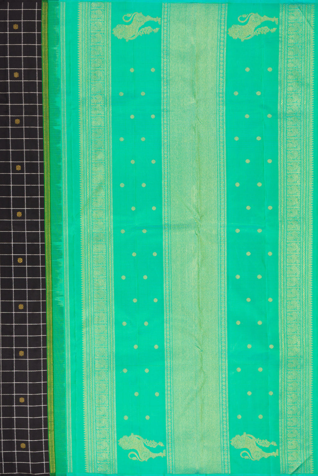 Close up image of the pallu of Pure Silk Pure Zari Black Dual Tone Kanjivaram Saree with Checked design on the body and Without Border. 