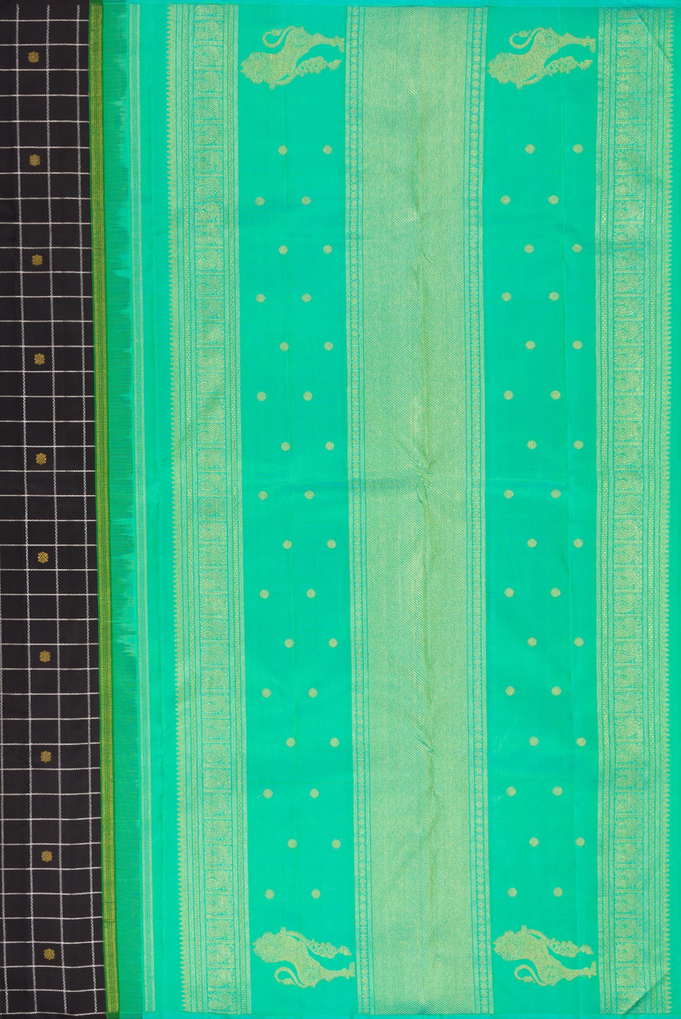 Close up image of the pallu of Pure Silk Pure Zari Black Dual Tone Kanjivaram Saree with Checked design on the body and Without Border. 