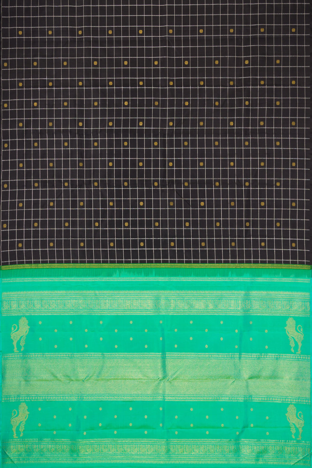 Flat view of Pure Silk Pure Zari Black Dual Tone Kanjivaram Saree with Checked design on the body and Without Border. 